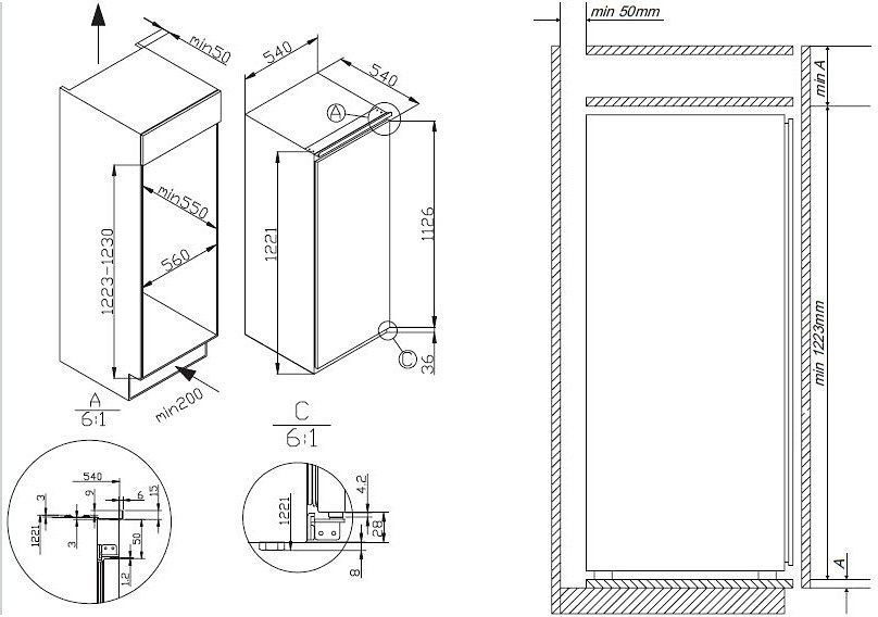 Amica Einbaukühlschrank EKS 16174, 122,1 cm hoch, 54,0 cm breit, Sicherheitsglas