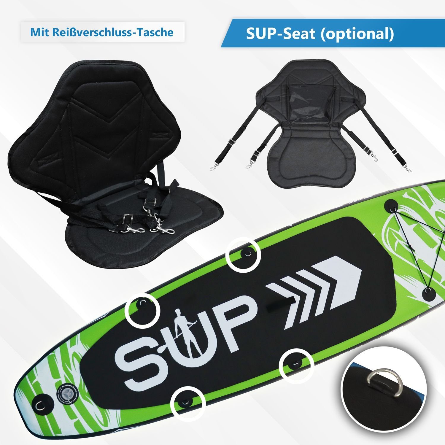 24Move SUP-Board Supboard Set, Premium Stand Up Paddleboard aufblasbar, inkl. Zubehör, Longboard, (Rucksack, Paddel, Action Cam ready, Doppelhub Pumpe, Sicherungsleine, 6 tlg., für Kinder & Erwachsene, GRÜN, 366x80, bis 200 kg), mit Drop Stich Techno