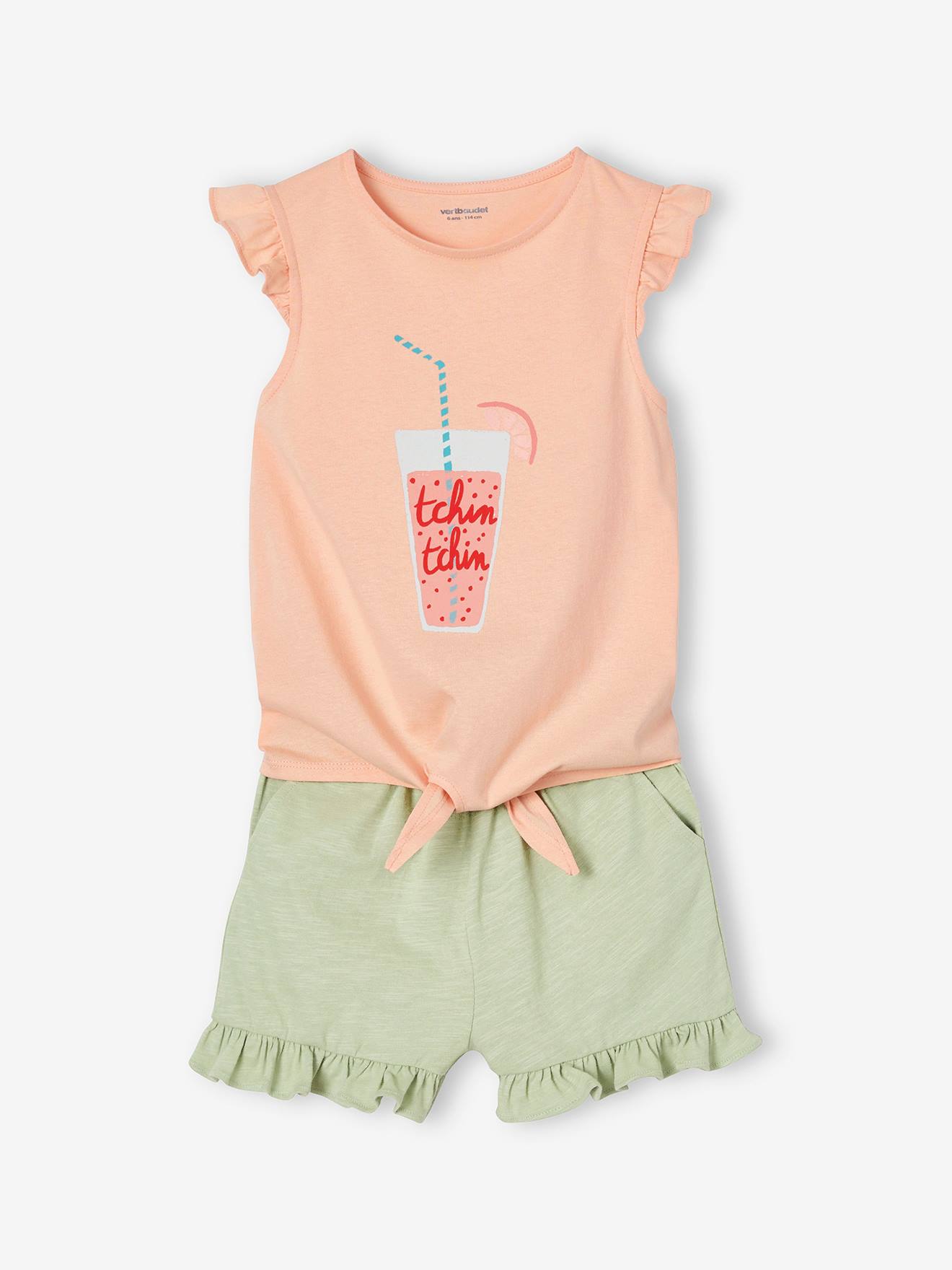 Ensemble T-shirt effet noué et short à volants fille vert d'eau