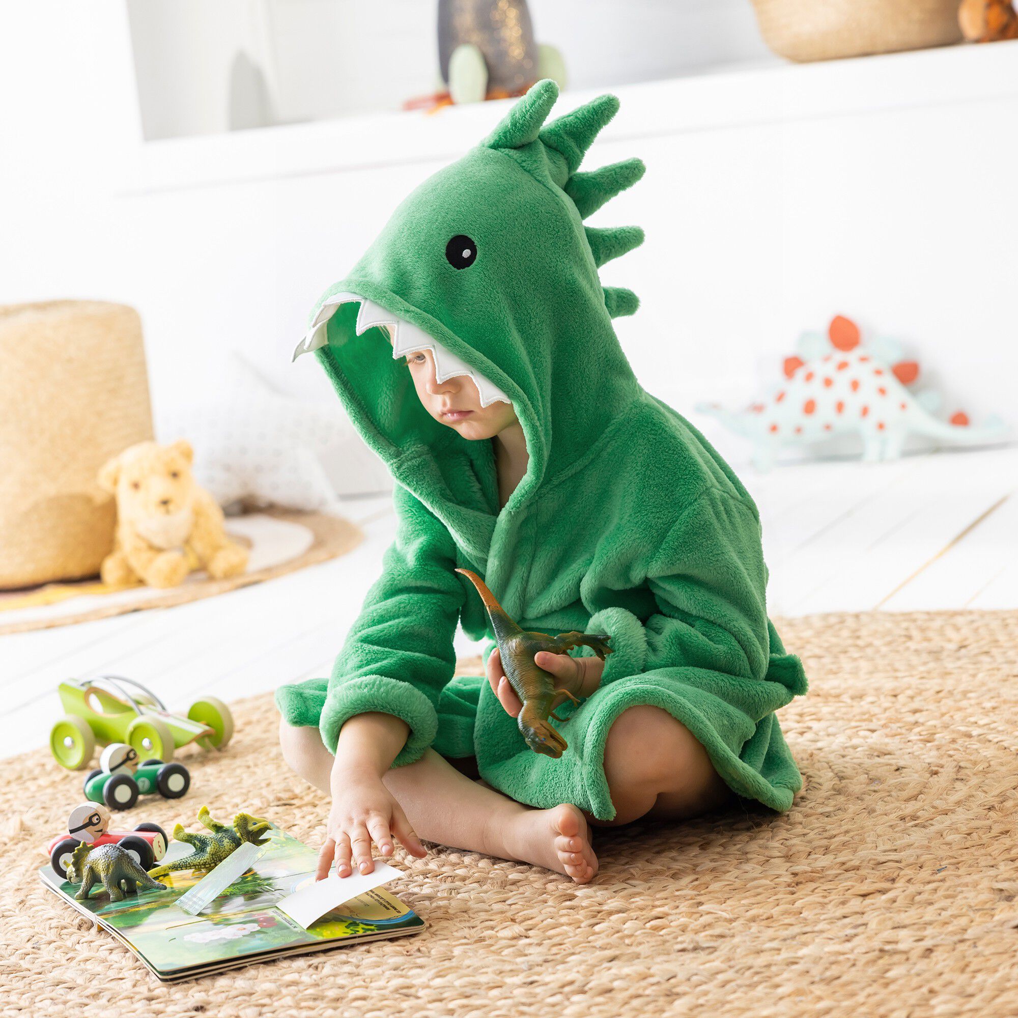 Peignoir de bain enfant dinosaure à capuche microfibre toute douce