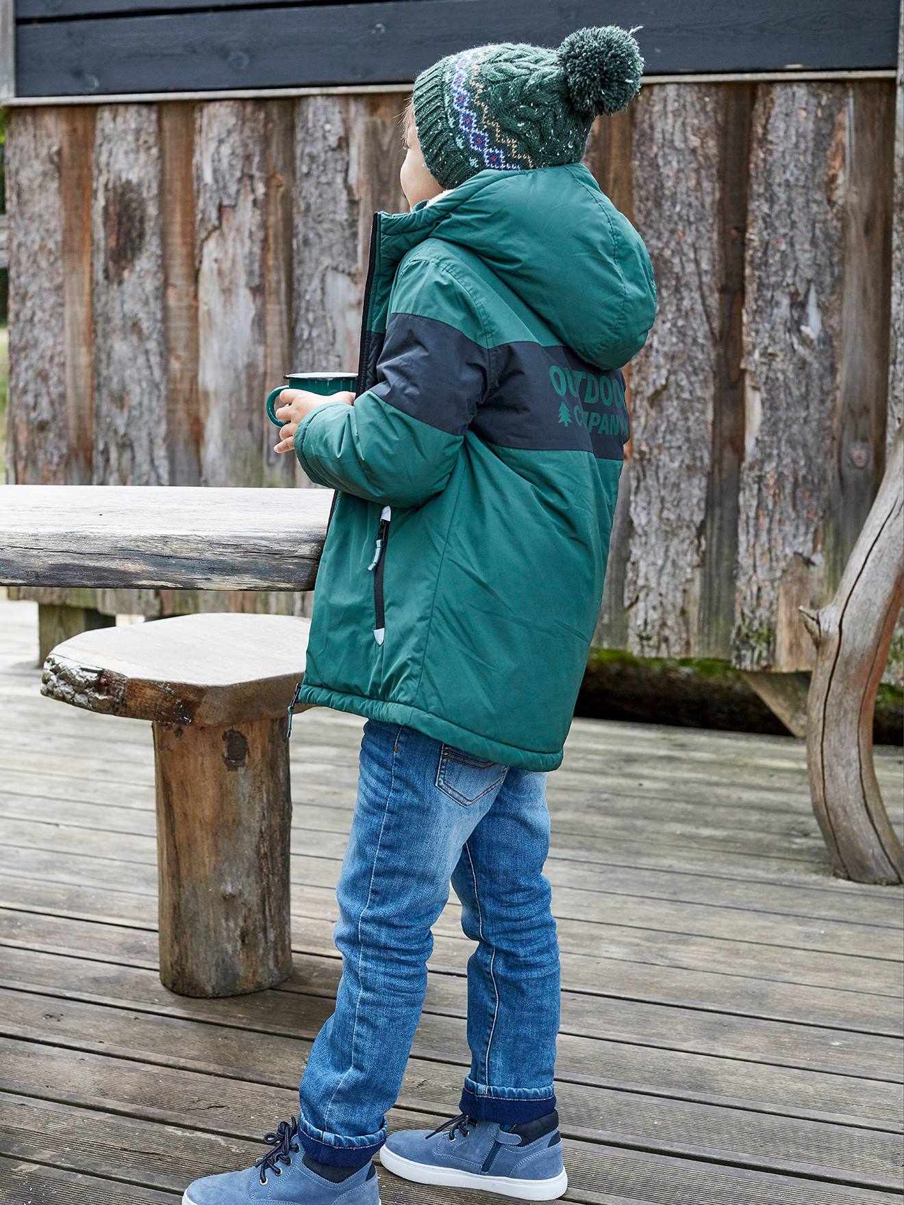 Parka longue à capuche color block garçon. vert