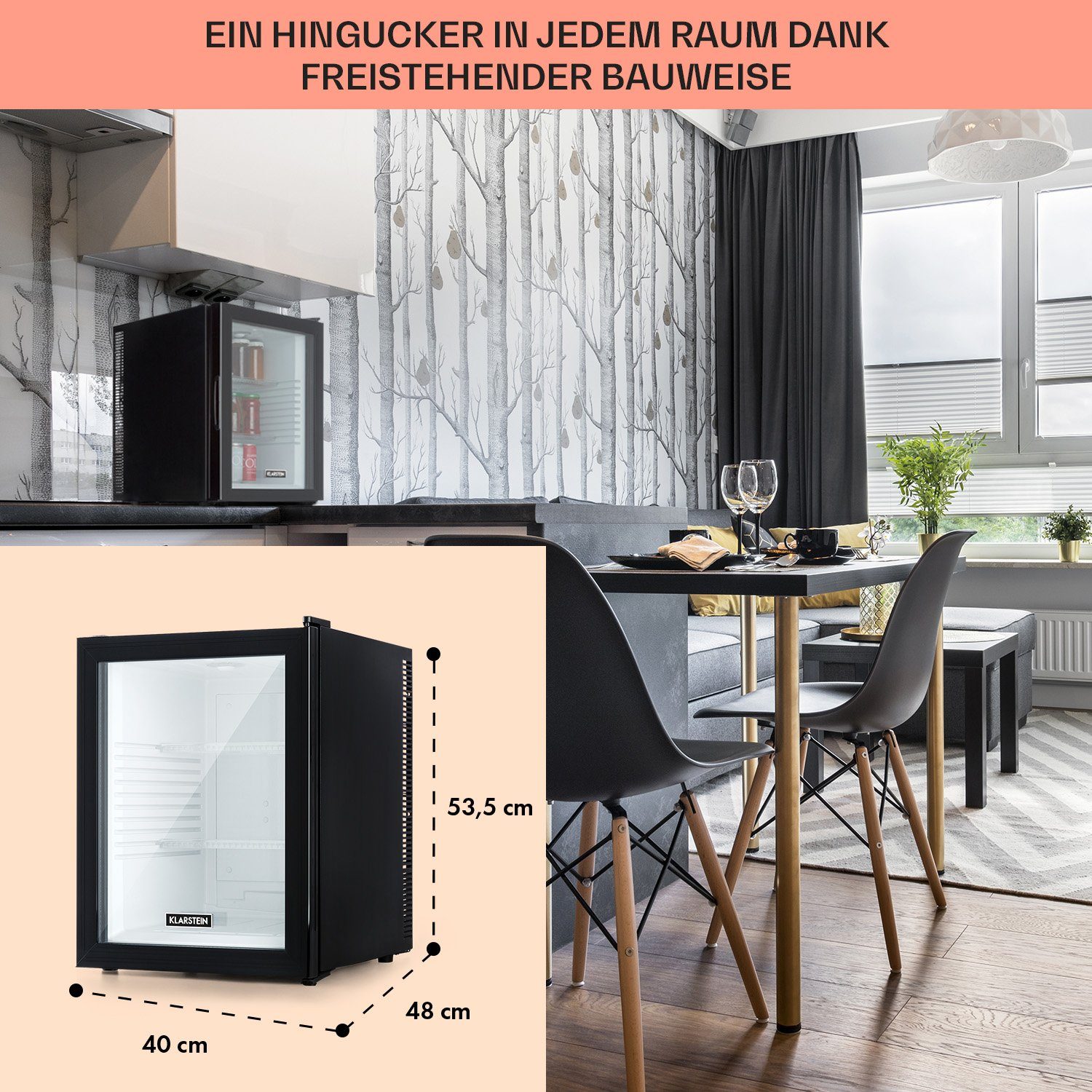 Klarstein Table Top Kühlschrank BCH-50BG Blk 10033822A, 53.5 cm hoch, 40 cm breit, Hausbar Minikühlschrank ohne Gefrierfach Glastür klein Kühlschrank