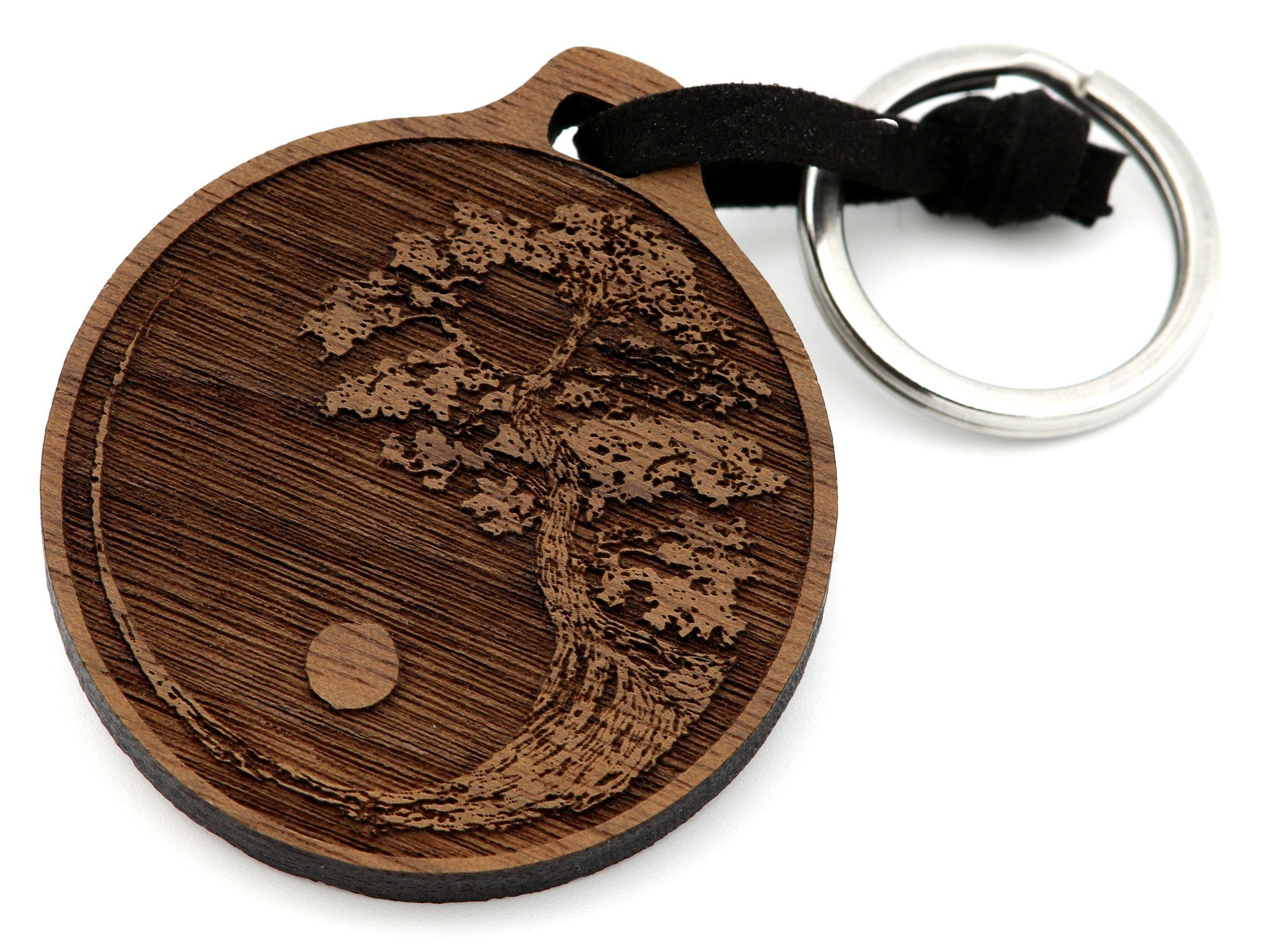 NaturSchatulle Schlüsselanhänger mit Gravur aus Holz mit Motiven (mit Edelstahl Schlüsselring, Ø 4,5cm), Kompass, Hirsch, Yin Yang, Lebensbaum, Faultier