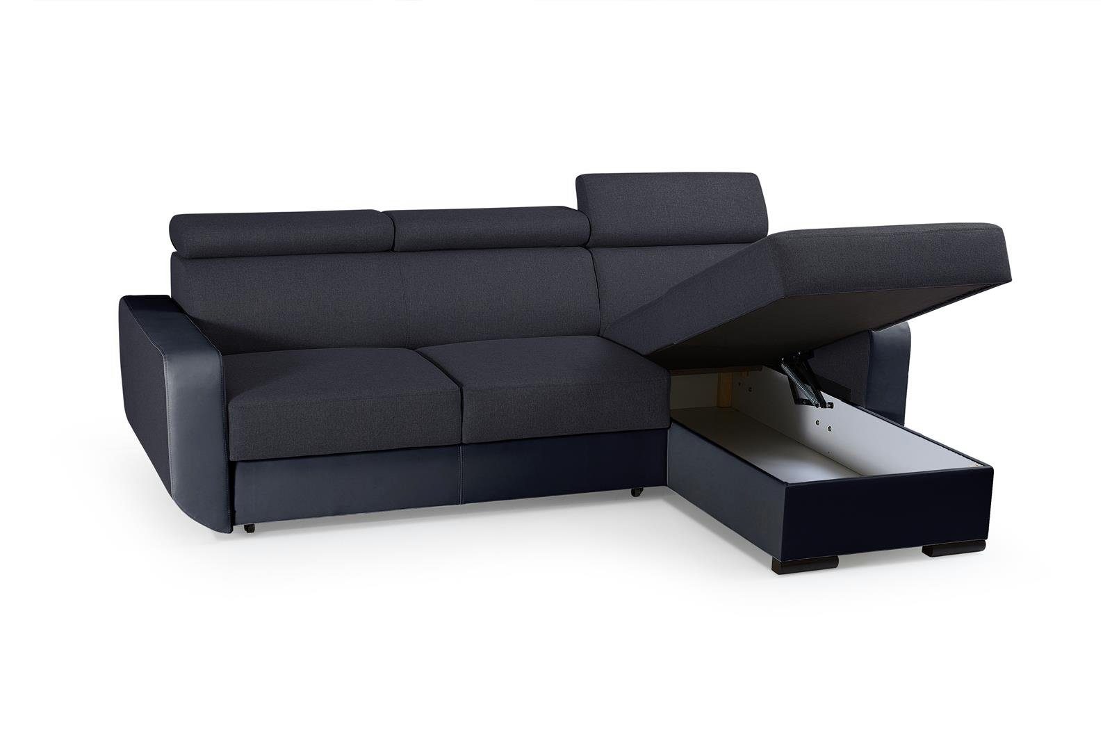 Beautysofa Ecksofa IMPAL, Polsterecke aus Struktur-Gewebe und Kunstleder, Bettkasten, universelle Ottomane, verstellbaren Kopfstützen, Schlaffunktion mit Liegefläche 202 x 130 cm