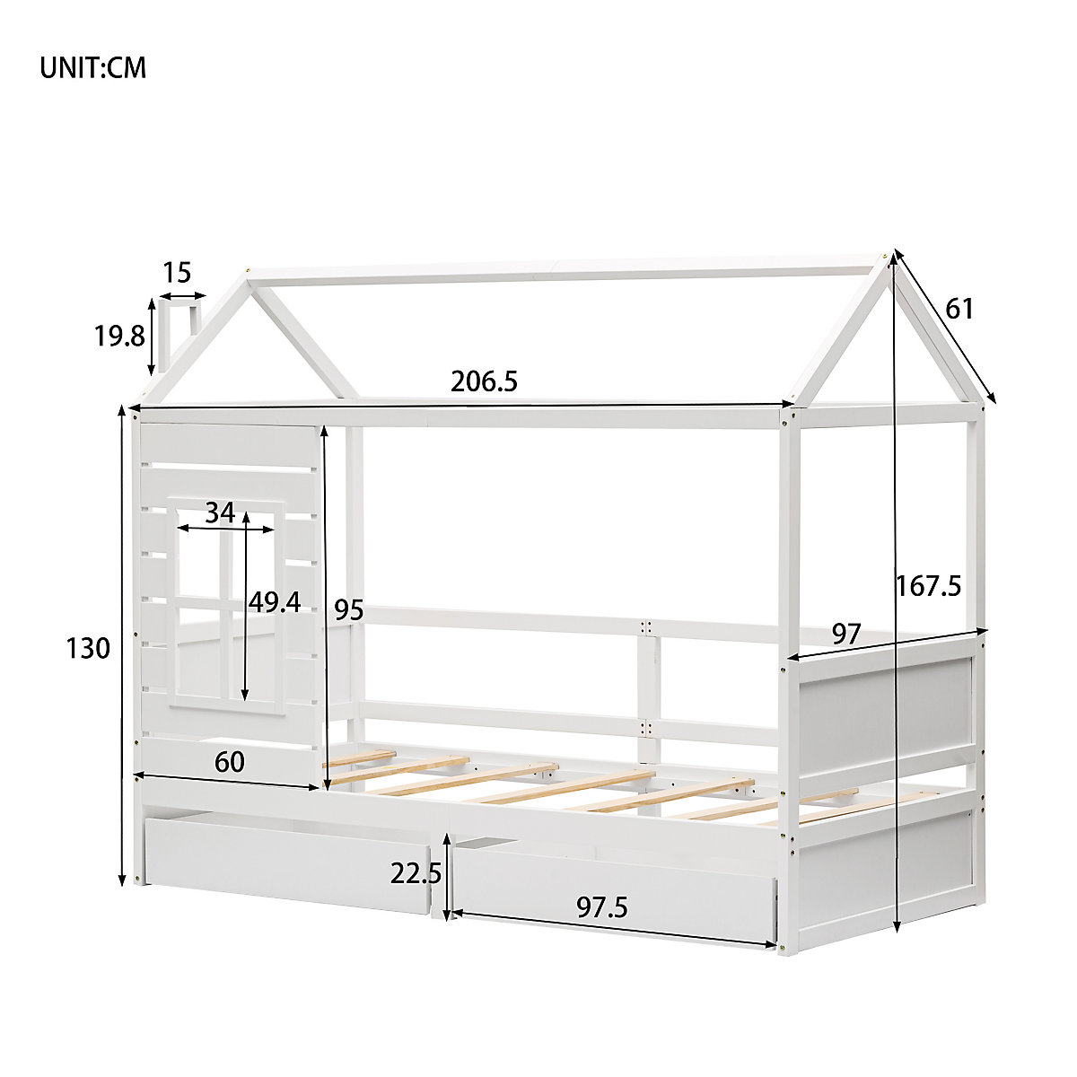 Hausbett 90x200 cm mit 2 Schubladen und Rausfallschtutz, Dach und Fenstern
