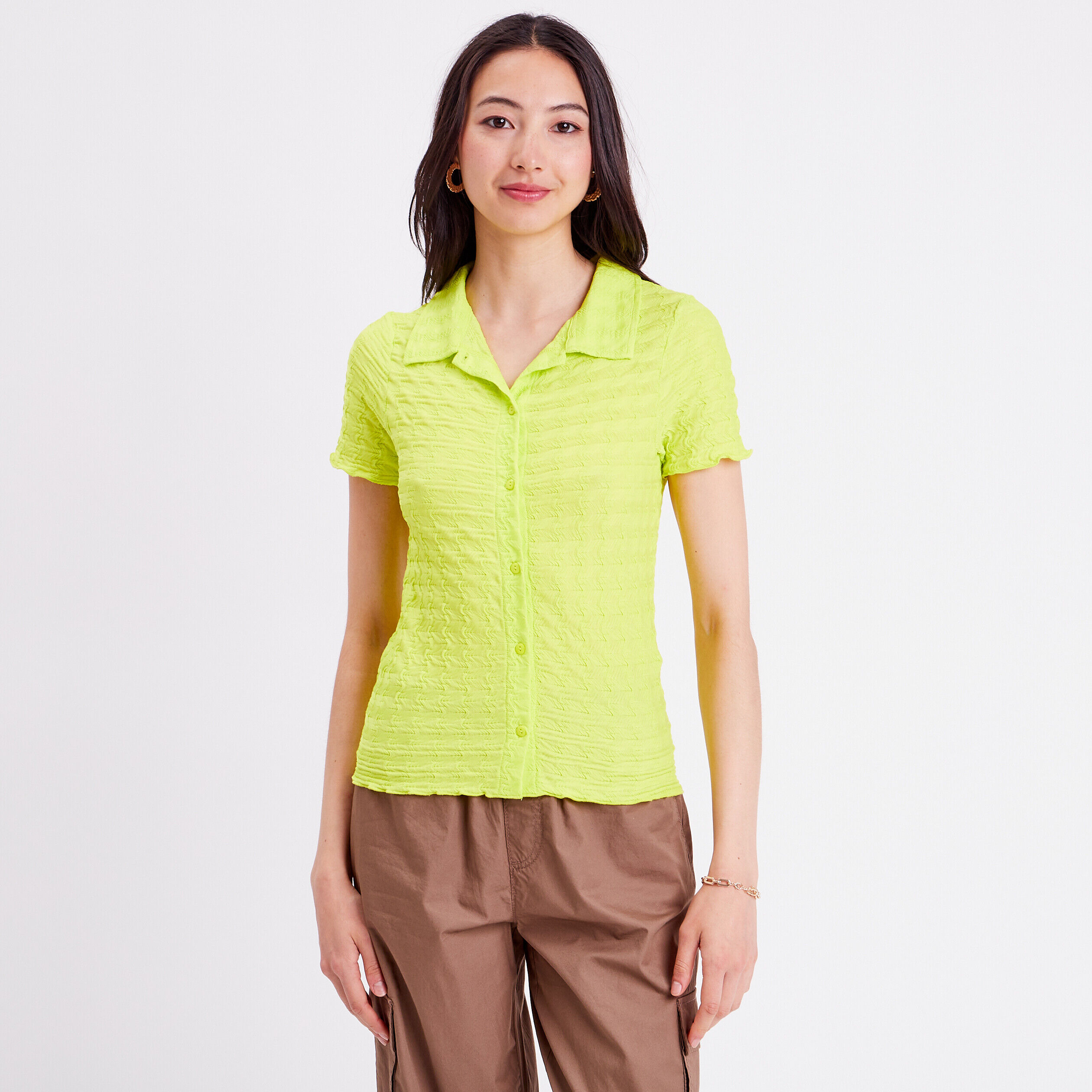 Blouse manches courtes gaufré jaune citron femme | Cache Cache
