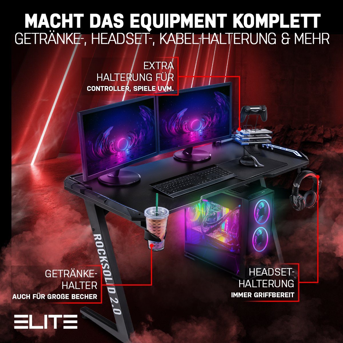 ELITE Gaming Gamingtisch Elite Gamer-Schreibtisch Rocksolid, RGB-LED (Jugendschreibtisch inkl. Getränke-, Headset- und Controller-Spiele-Halterung, 2-St., Schreibtisch, verstellbare Standfüße, Kabelkanal, ergonomisches Design), Gamingtisch inkl. Fern