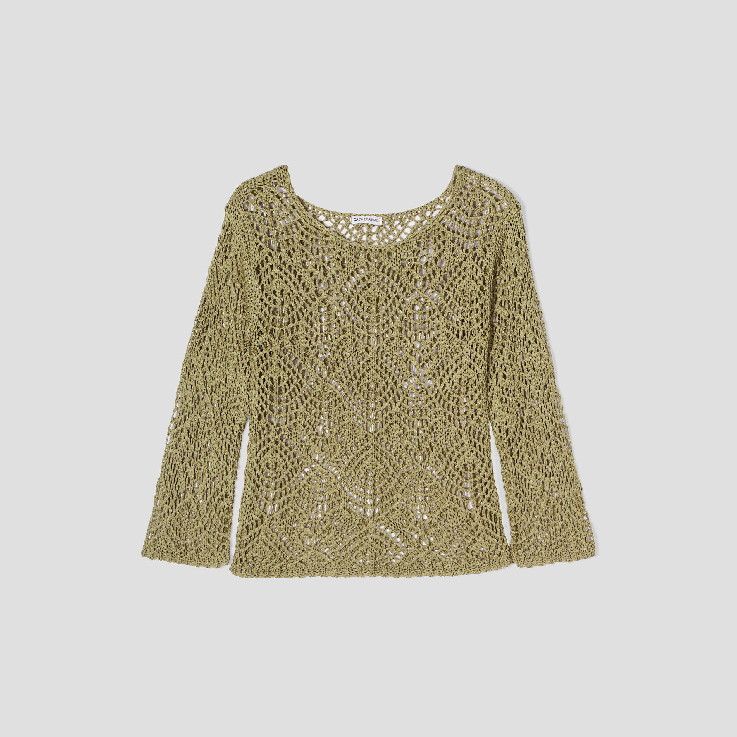 Pull crochet manches longues vert kaki femme | Cache Cache