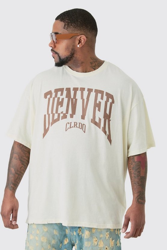 Plus zerrissenes Oversize T-Shirt mit Acid-Waschung und Denver Print