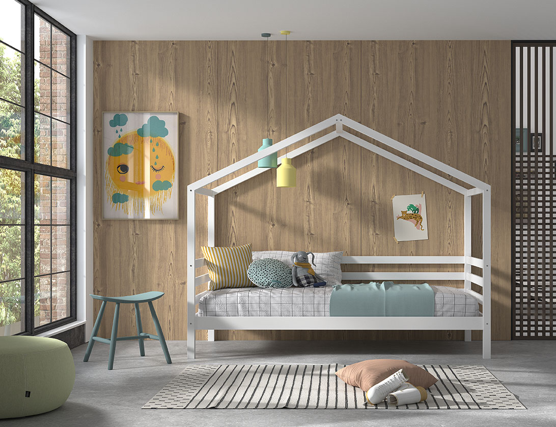 VIPACK Hausbett mit seitlicher Umrandung 90 x 200 cm Liegefläche, inkl. Rolllattenrost, Ausf. Kiefer Weiß lackiert