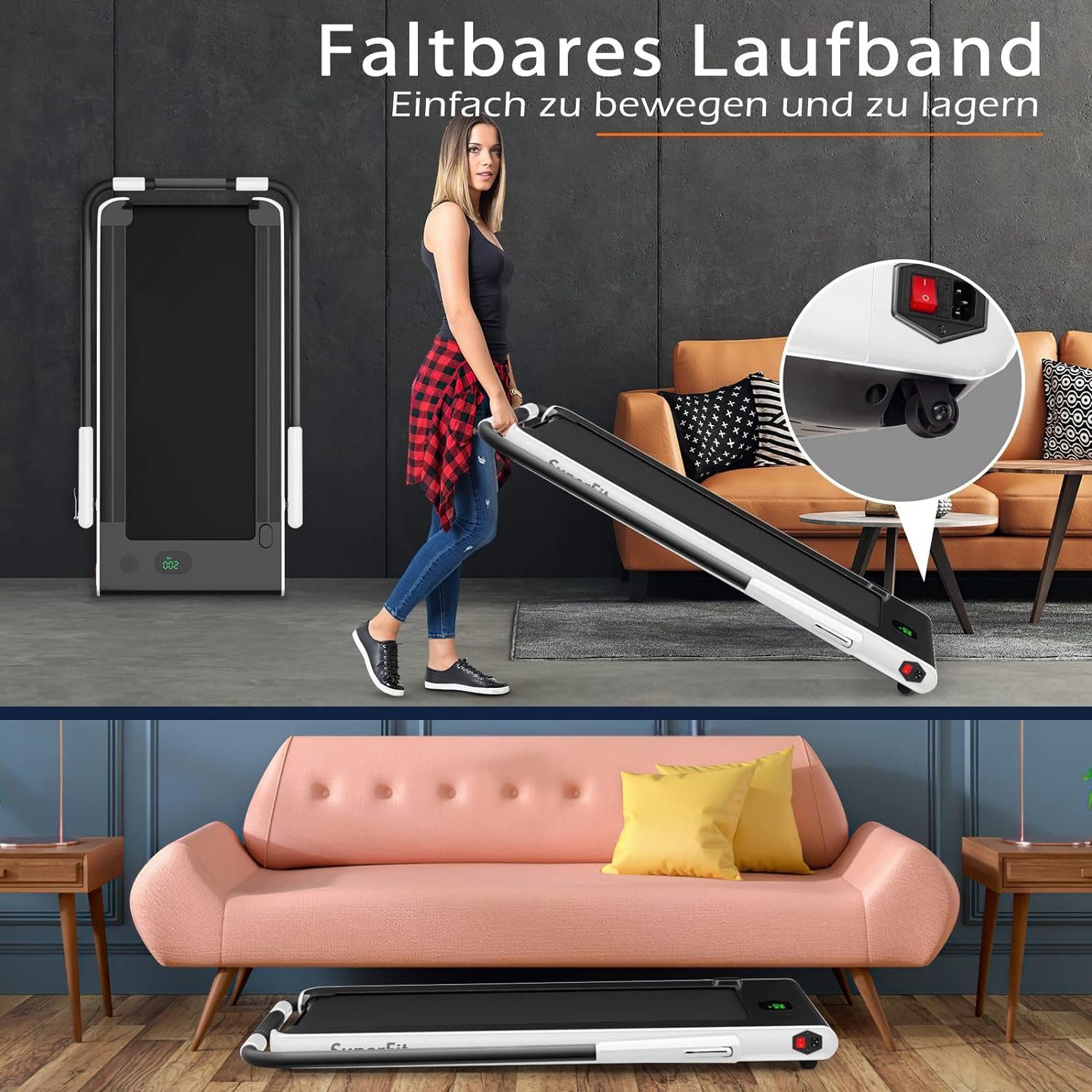 COSTWAY Laufband (2 in 1 Laufband Zuhause 1-12 km/h, Transport und Flexibilität), Laufband Zuhause, mit APP, Bluetooth und Fernbedienung