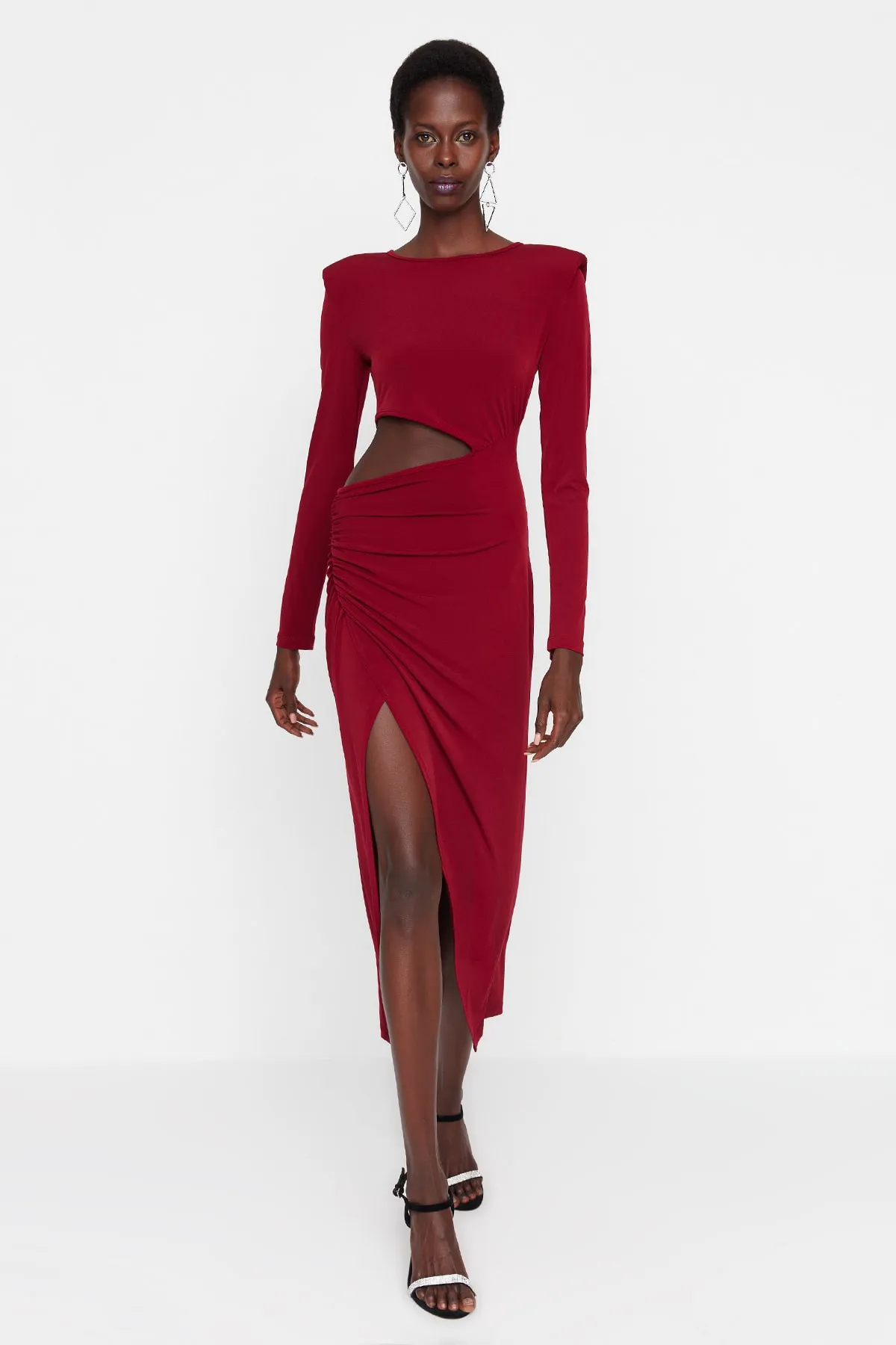 Trendyol Collection  Burgunderrotes, zweireihiges, gestricktes, detailliertes, elegantes Abendkleid mit Fenster/Ausschnitt TPRAW23EL00272