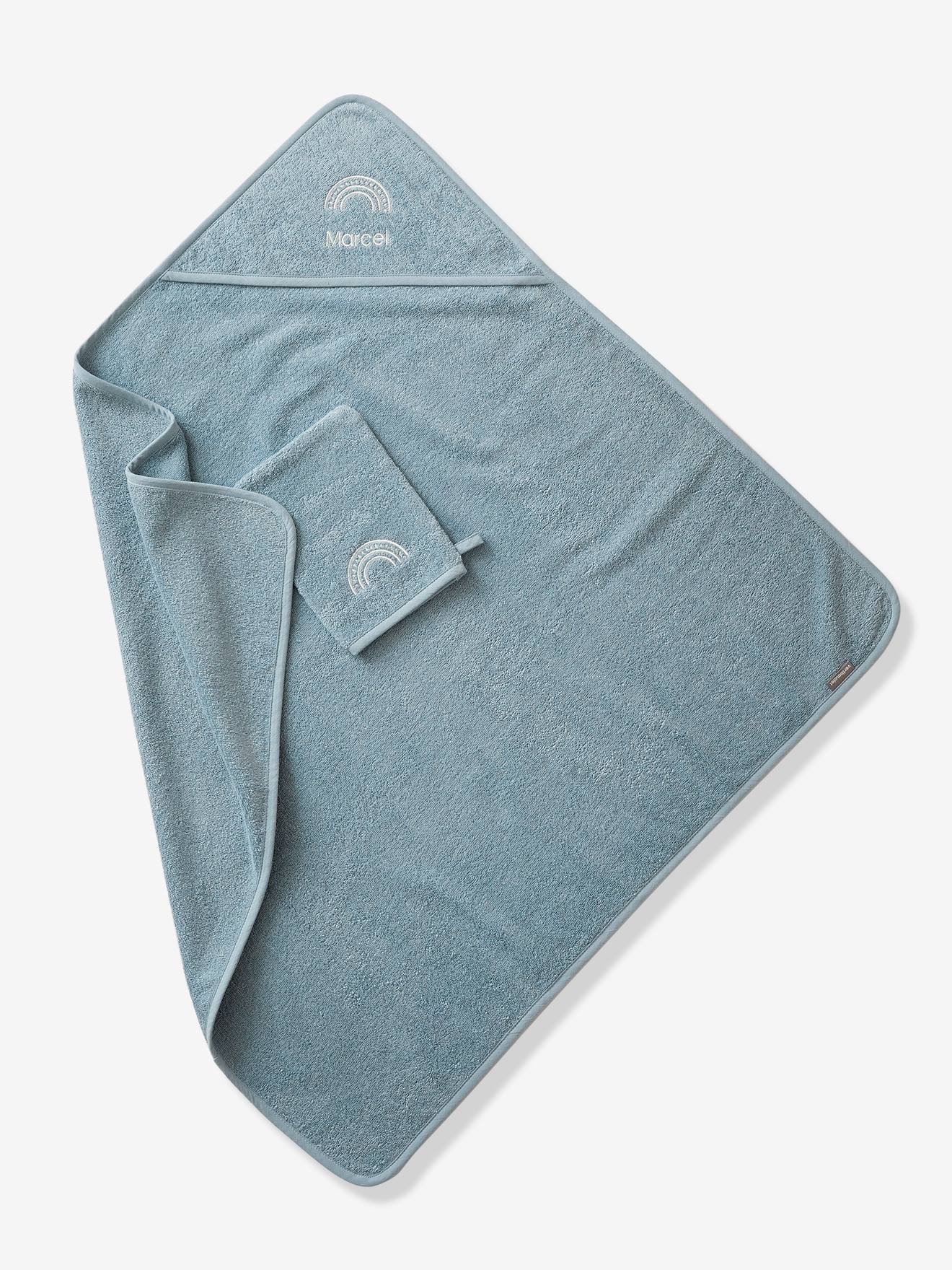 Vertbaudet Baby Kapuzenbadetuch & Waschhandschuh Oeko-Tex, personalisierbar - blau