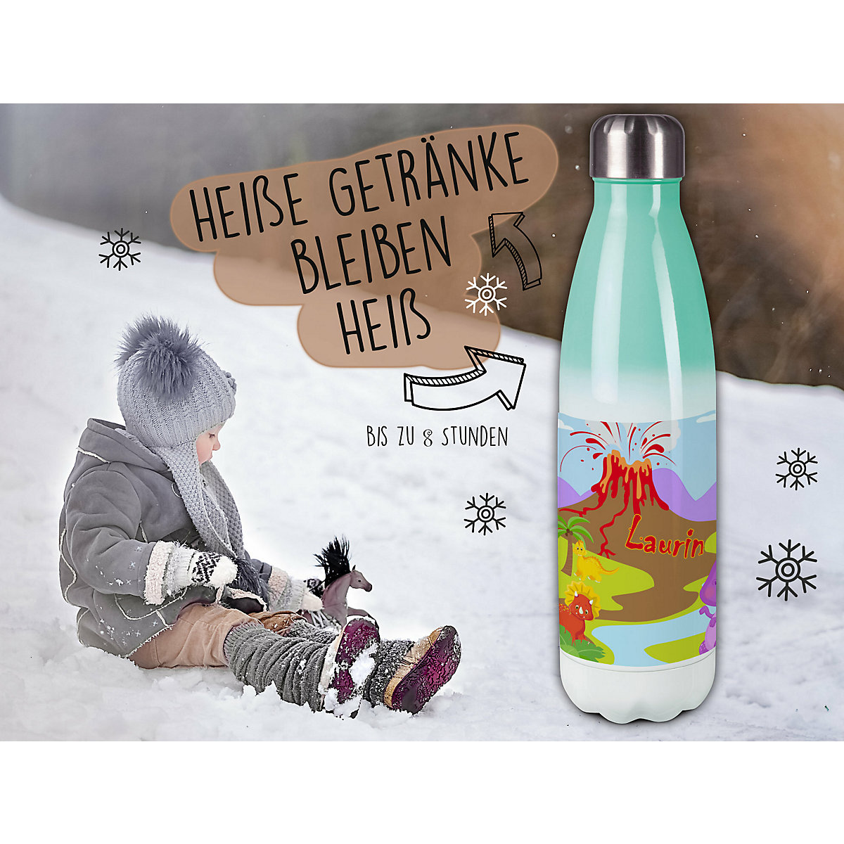 Edelstahl Kinder Thermoflasche / Trinkflasche bunt Dino Spülmaschinenfest, Auslaufsicher, Bruchfest, Doppelwandig, Für Heißgetränke geeignet, Mit Deckel, Isoliert