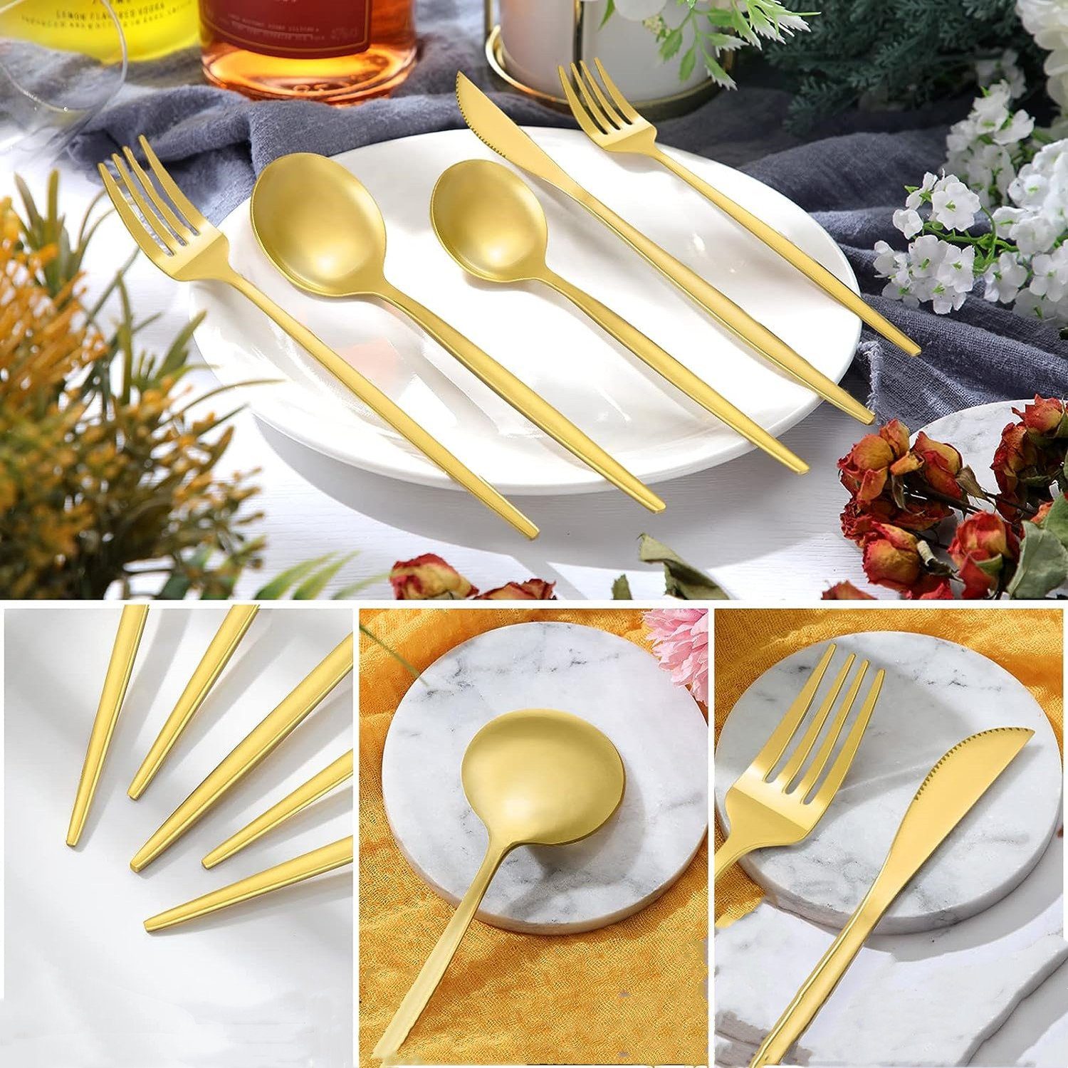 Home safety Besteck-Set 60 teilig Edelstahl Besteckset 12Personen Gold Essbesteck Set