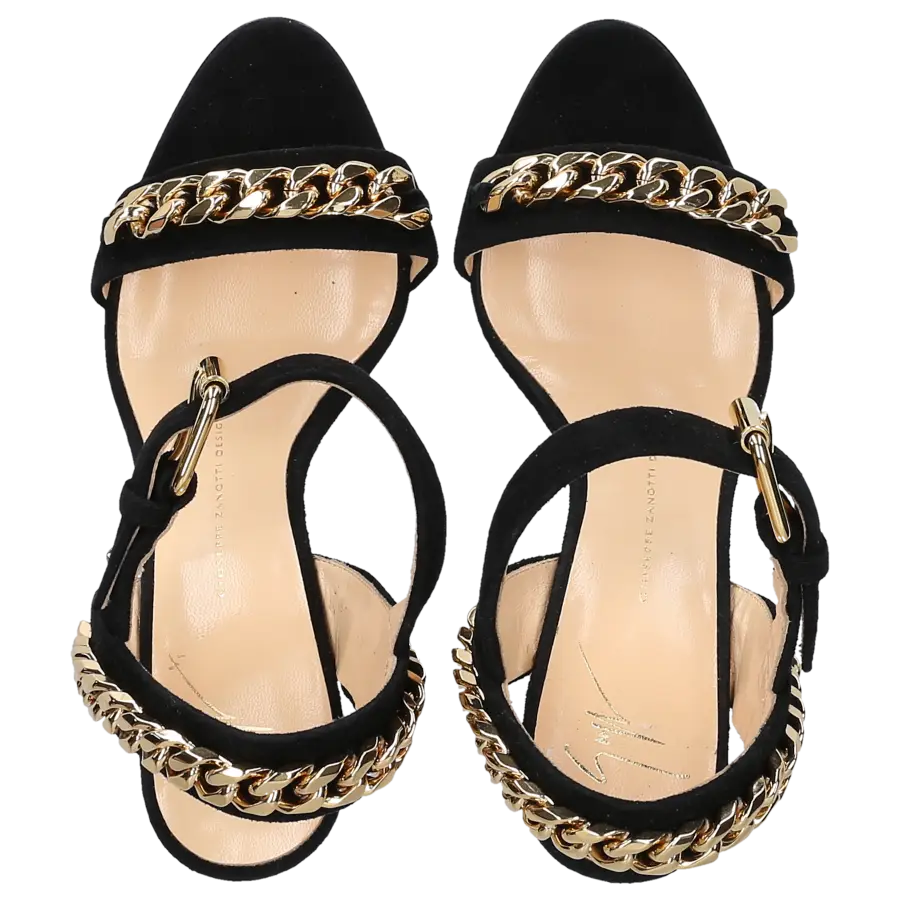 Giuseppe Zanotti - Keilsandalen Coline Knöchelriemchen Veloursleder schwarz Canvas Camouflage - schwarz