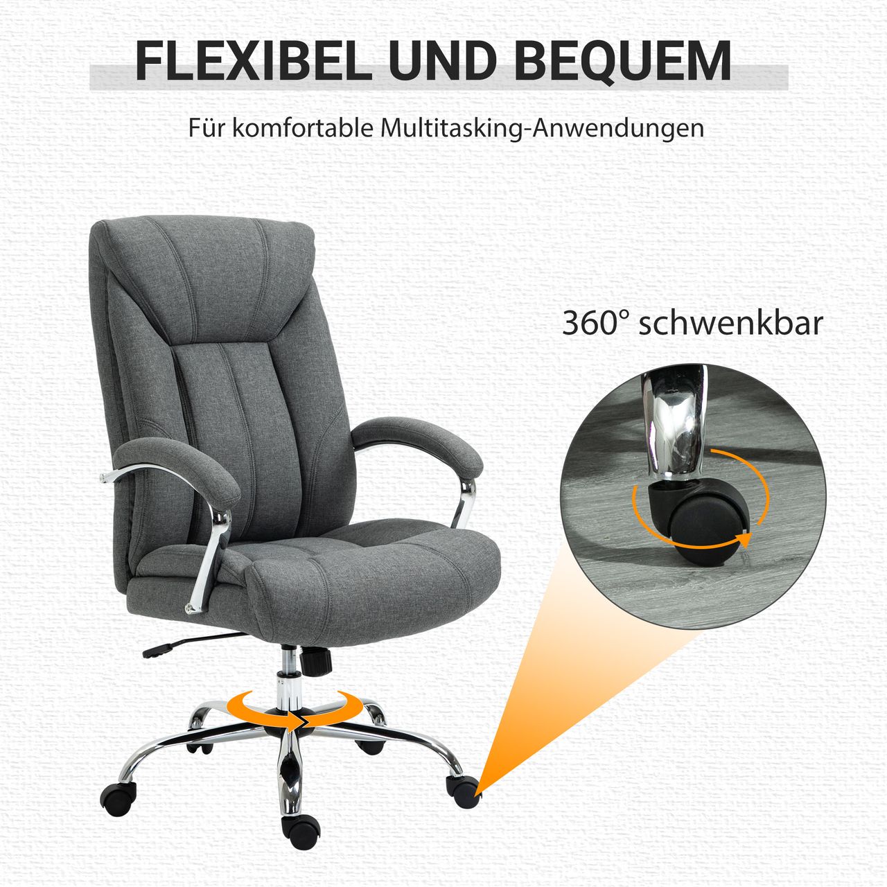 HOMCOM Vinsetto Bürostuhl mit Wippfunktion ergonomischer Stuhl mit gepolsterte Armlehne Kopfstütze höhenverstellbarer Schreibtischstuhl Drehstuhl mit Rückenlehne Nylon Grau 65 x 78 x 110-120 cm