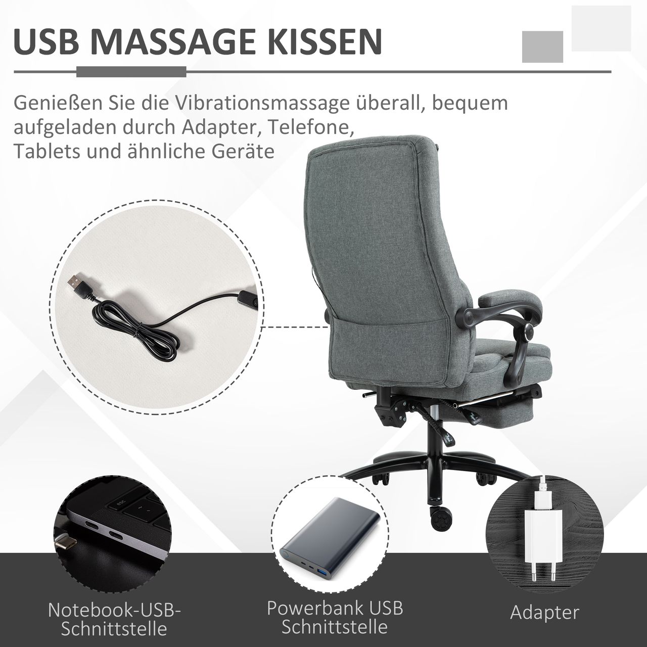 Vinsetto Massagebürostuhl Drehstuhl mit Fußstütze höhenverstellbar Leinen-Gefühl