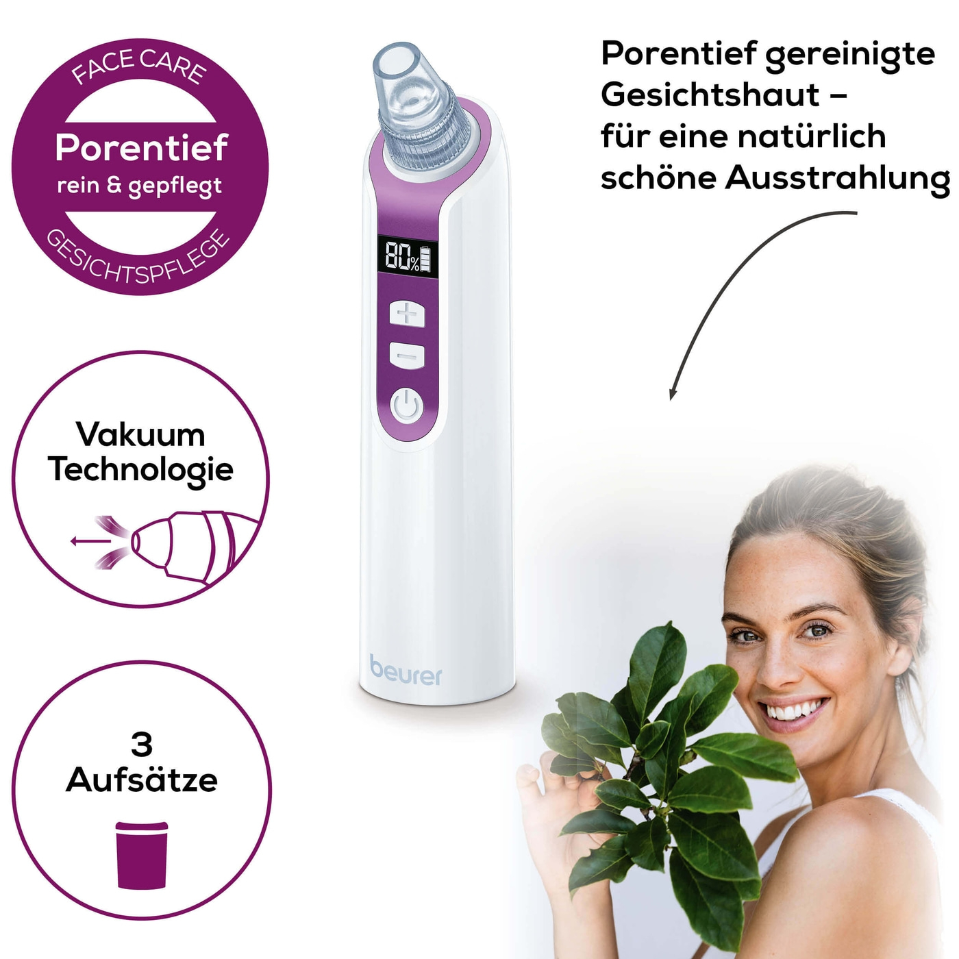 Beurer Porenreiniger FC 41-Mitesserentferner und porentiefe Reinigung dank Vakuumtechnologie