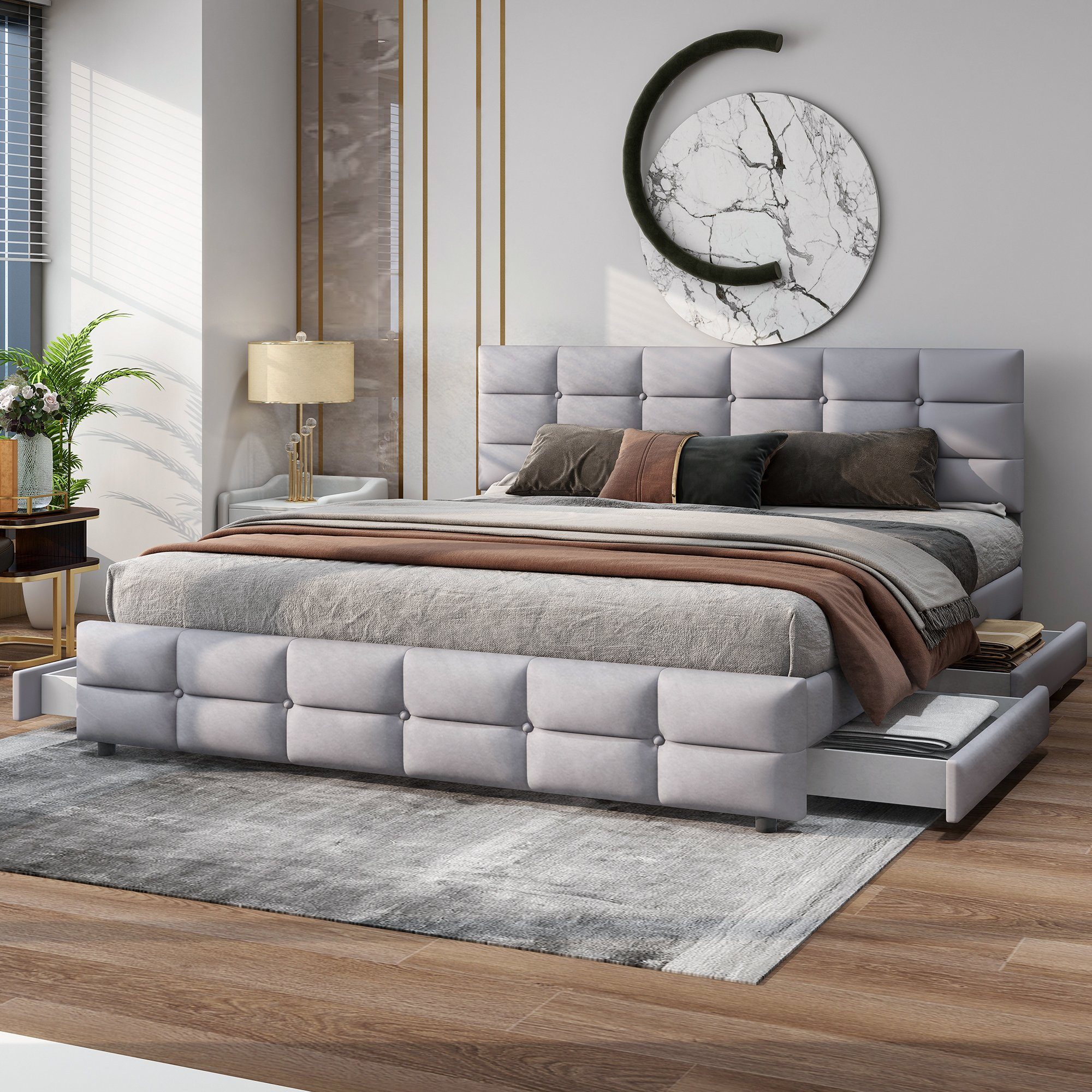 REDOM Polsterbett Funktionsbett Doppelbett, mit 4 Schubladen, Samtstoff (180 x 200 cm, Lattenrost und Rückenlehne, Matratze nicht enthaltet), Ohne Matratze