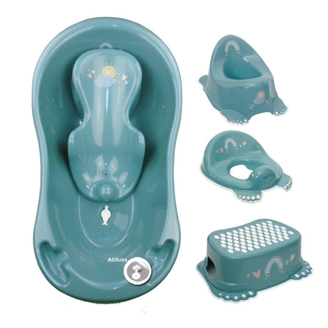 Tega-Baby Babybadewanne 5 Teile SET - METEO Türkis - -Babybadeset Wanne Pflege Zubehör, (Premium.set Made in Europe), Wanne+ Badesitz+ Töpfchen+ WC Aufsatz+ Hocker