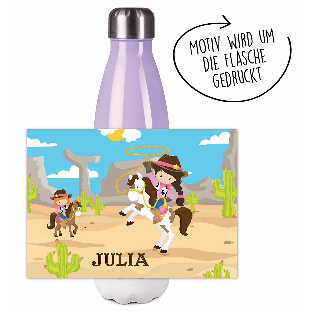 Edelstahl Kinder Thermoflasche / Trinkflasche bunt Cowgirl Spülmaschinenfest, Auslaufsicher, Bruchfest, Doppelwandig, Für Heißgetränke geeignet, Mit Deckel, Isoliert