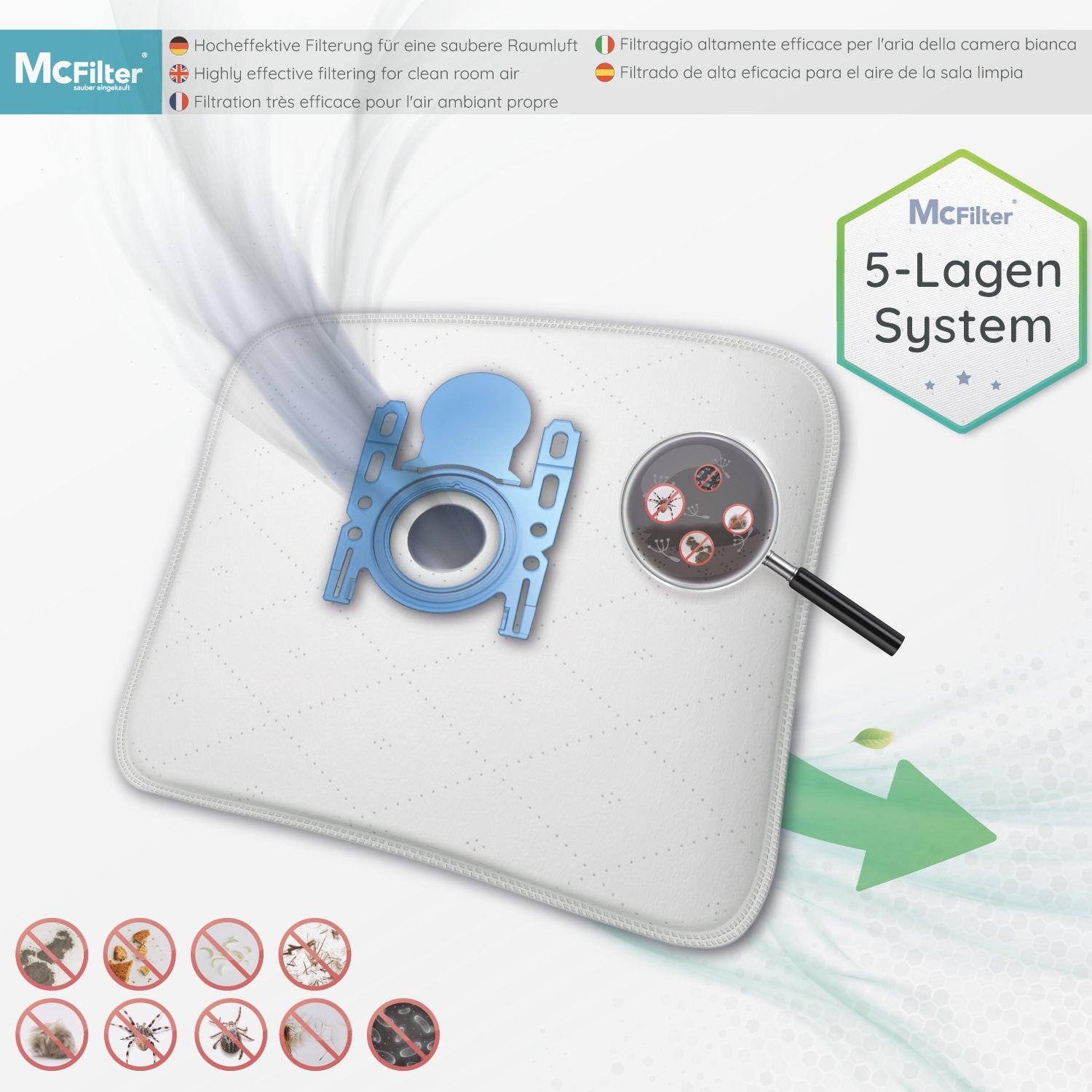 McFilter Staubsaugerbeutel, passend für Siemens VS06A111, VSP3T212 Staubsauger IQ 300, 16 St., 5-lagiger Staubbeutel mit Hygieneverschluss, inkl. Filter