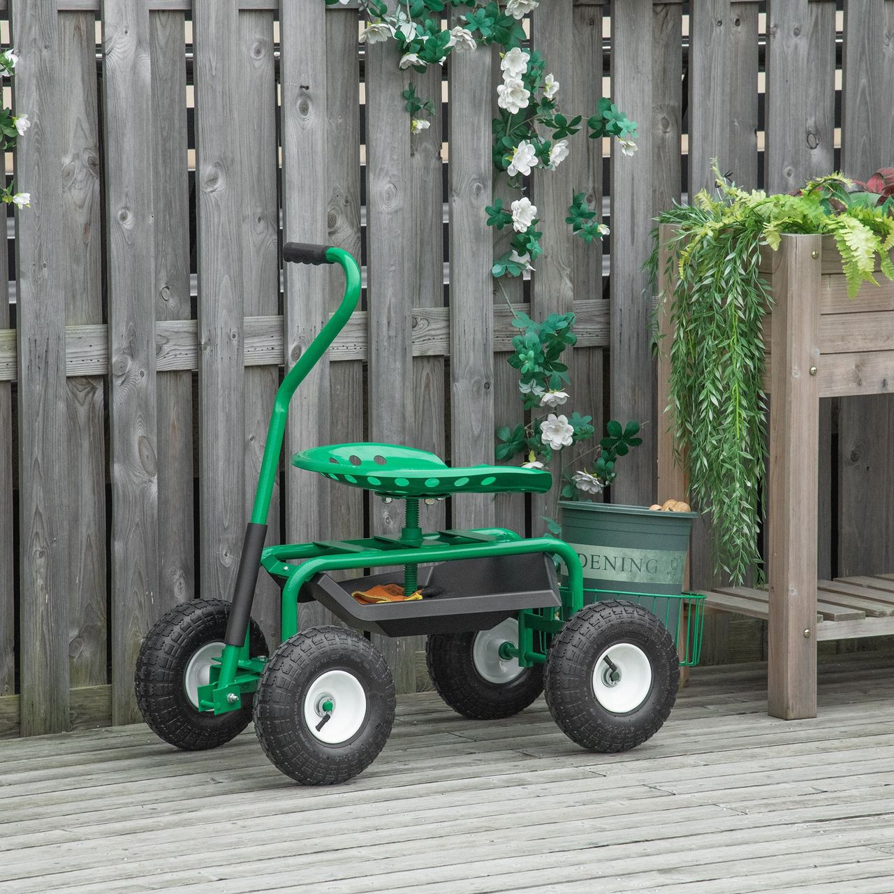 Outsunny Gartenwagen mit Rollsitz bis 150 kg steuerbar Sitzhöhe 46-59 cm Metall Gummi Grün