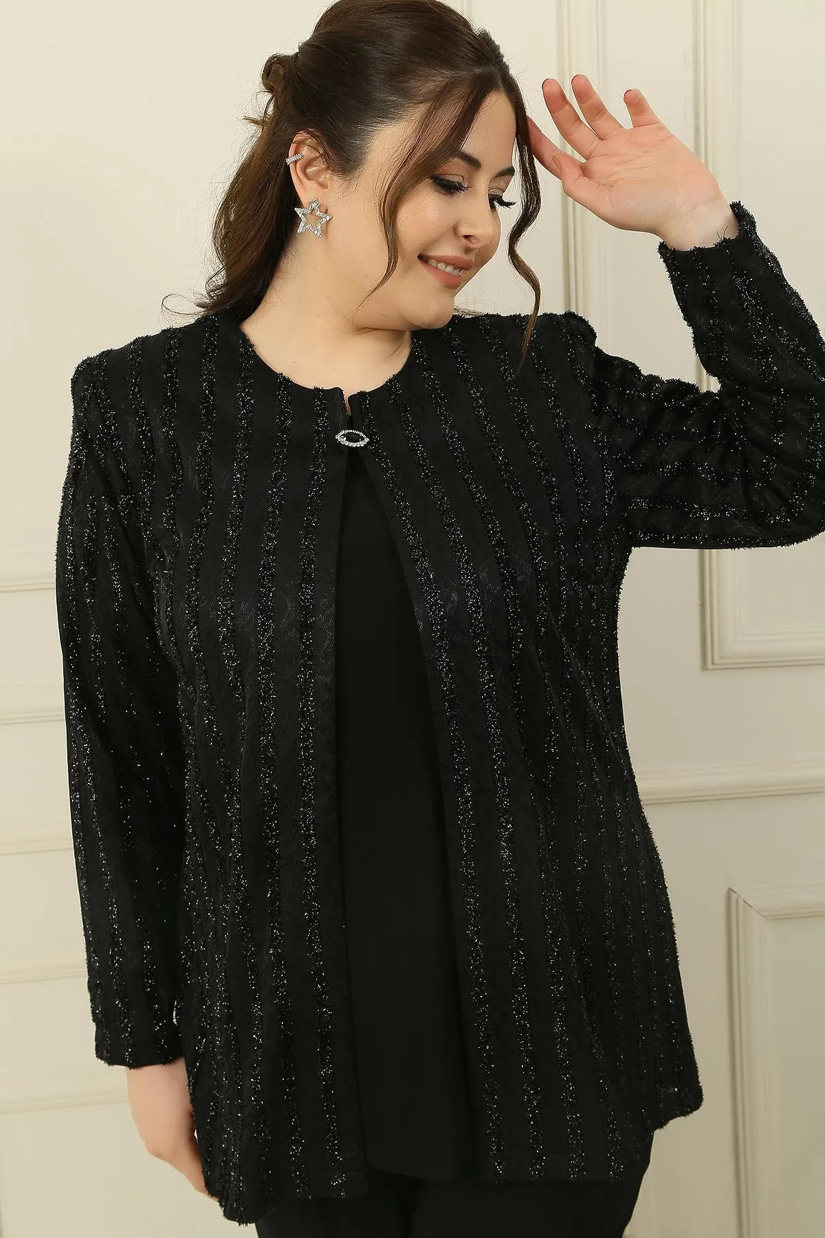 By Saygı  2-teiliges Set mit langärmeliger Bluse, Streifen und glitzerndem String, Jacke in Übergröße