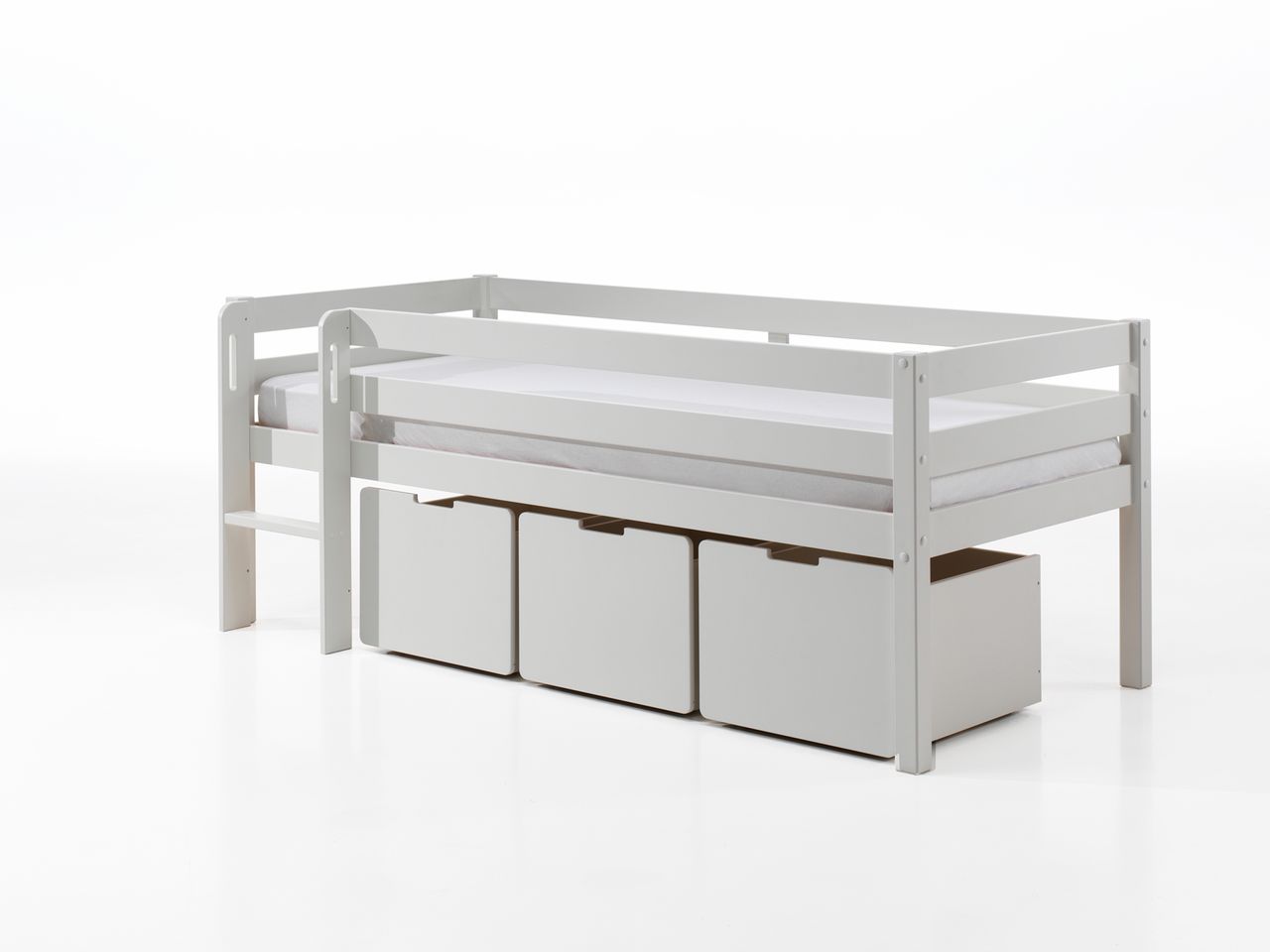 VIPACK Spielbett mit Liegefläche 90 x 200 cm, inkl. Leiter, Rolllattenrost und 3 Schubkästen, Kiefer und MDF weiß lackiert