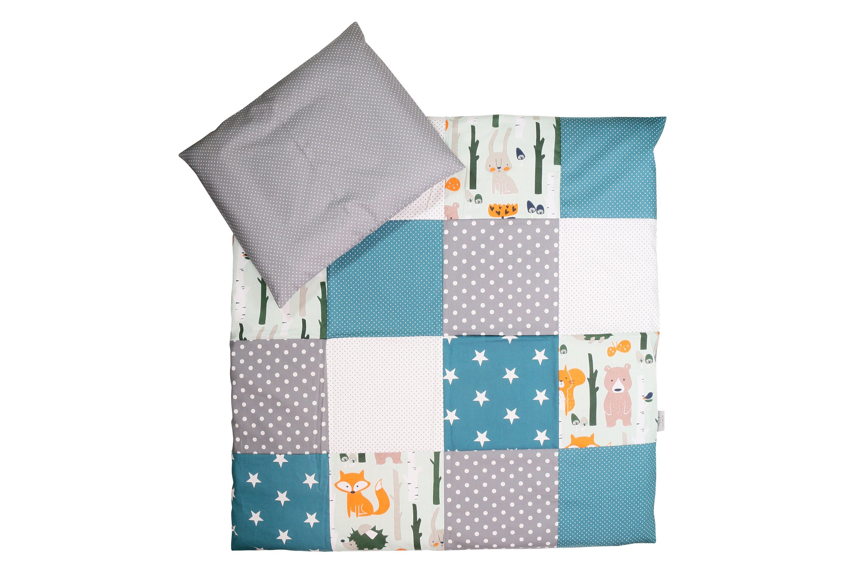 Kinderbettwäsche Babybettwäsche 2-teilig Waldtiere Petrol (Made in EU), ULLENBOOM ®, Mit Deckenbezug (80x80 cm) & Kissenbezug (35x40 cm), aus 100% Baumwolle