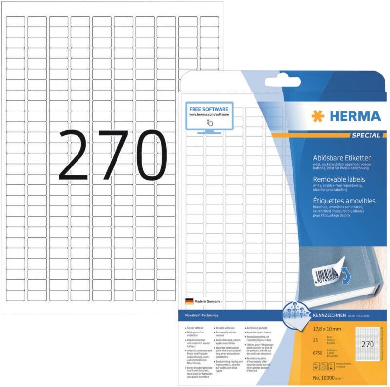 HERMA Wiederablösbare Etiketten 10000 Weiß Rechteckig 6750 Etiketten pro Packung