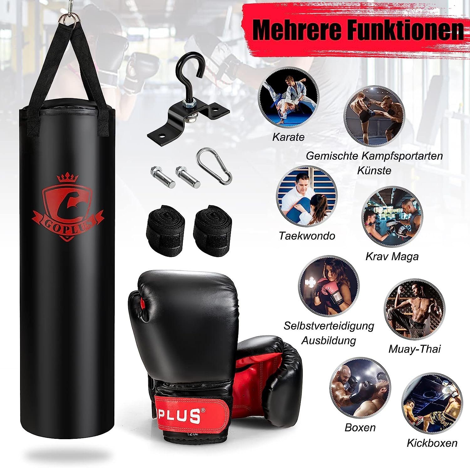 KOMFOTTEU Boxsack mit Boxhandschuhen, Karate & Boxen, PVC