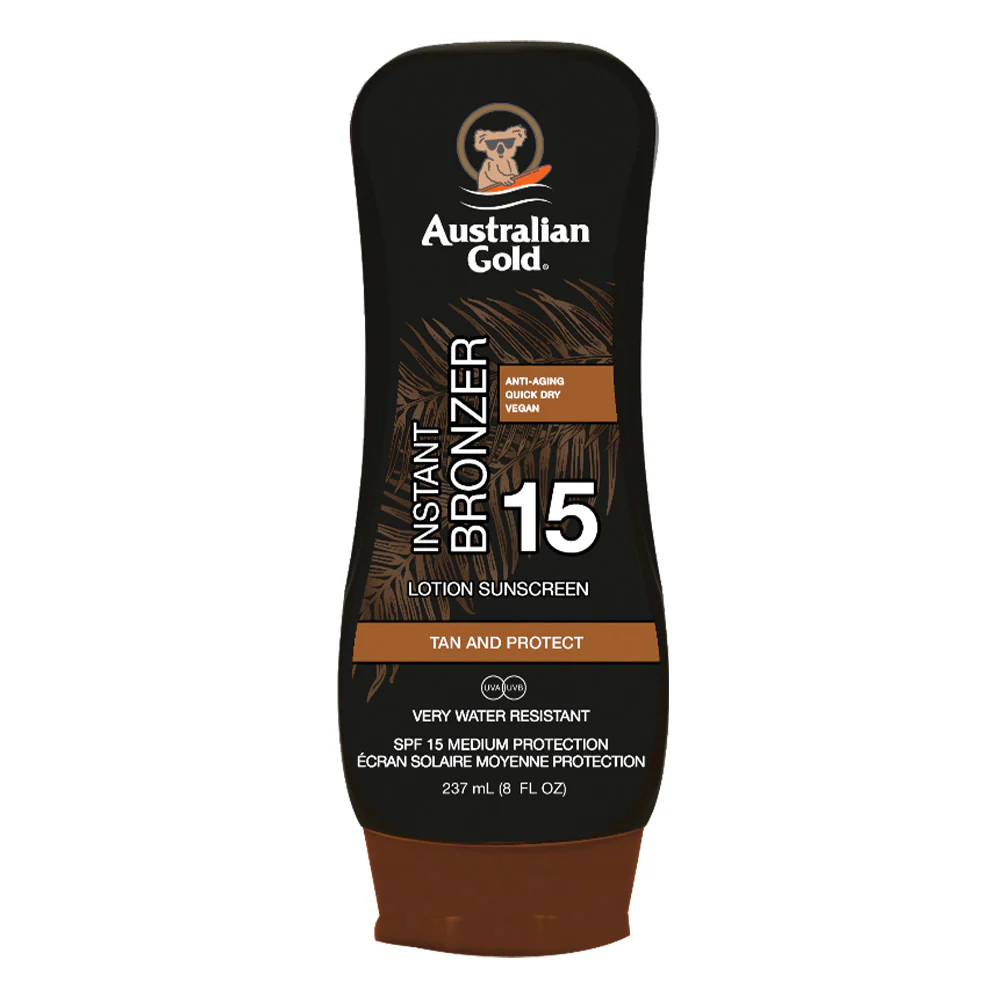 Loción solar con factor de protección solar 15 y bronceador instantáneo - Leche corporal solar de protección media.