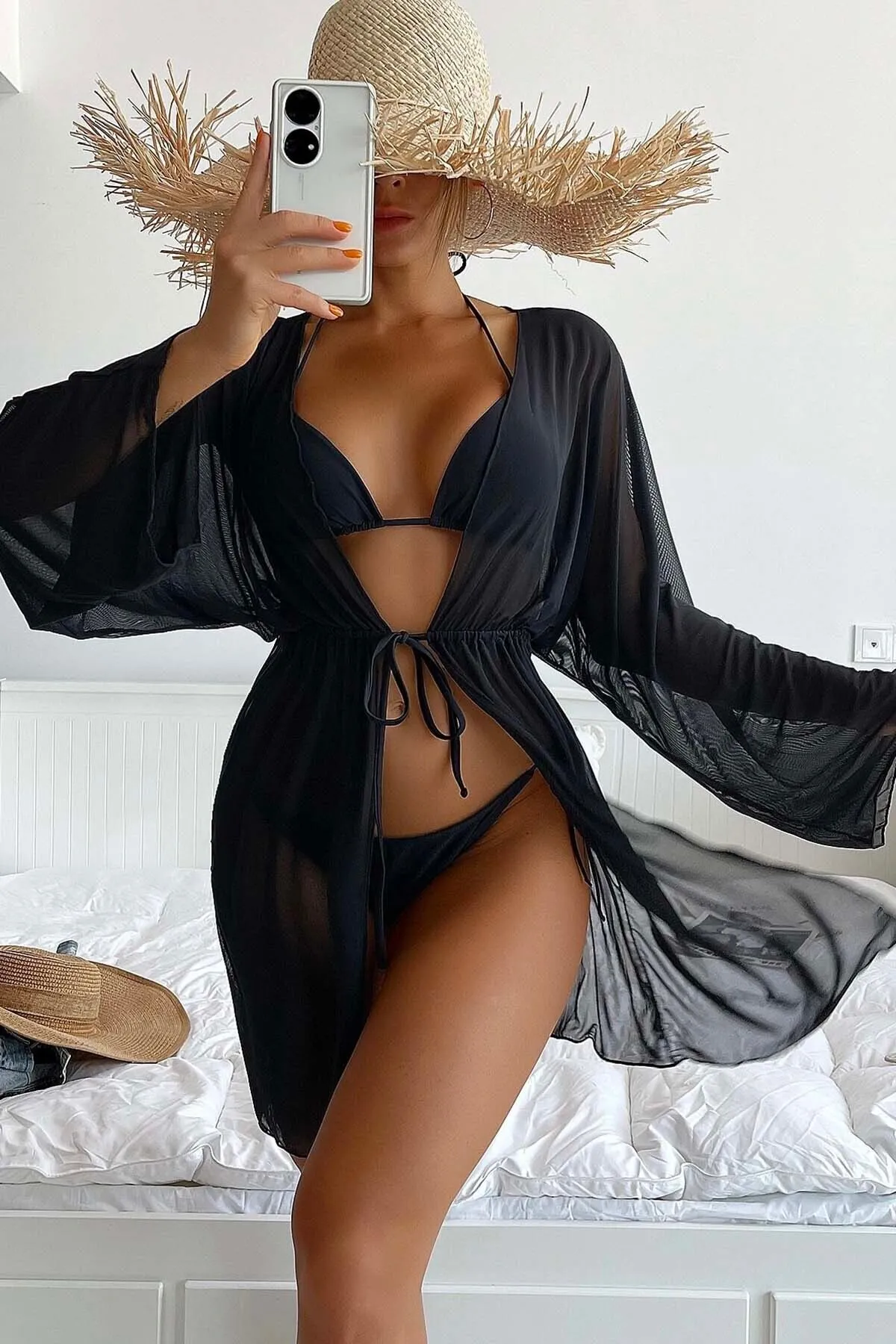 Angelsin  Langes Strandkleid mit Schnürung vorne, Pareo-Kimono