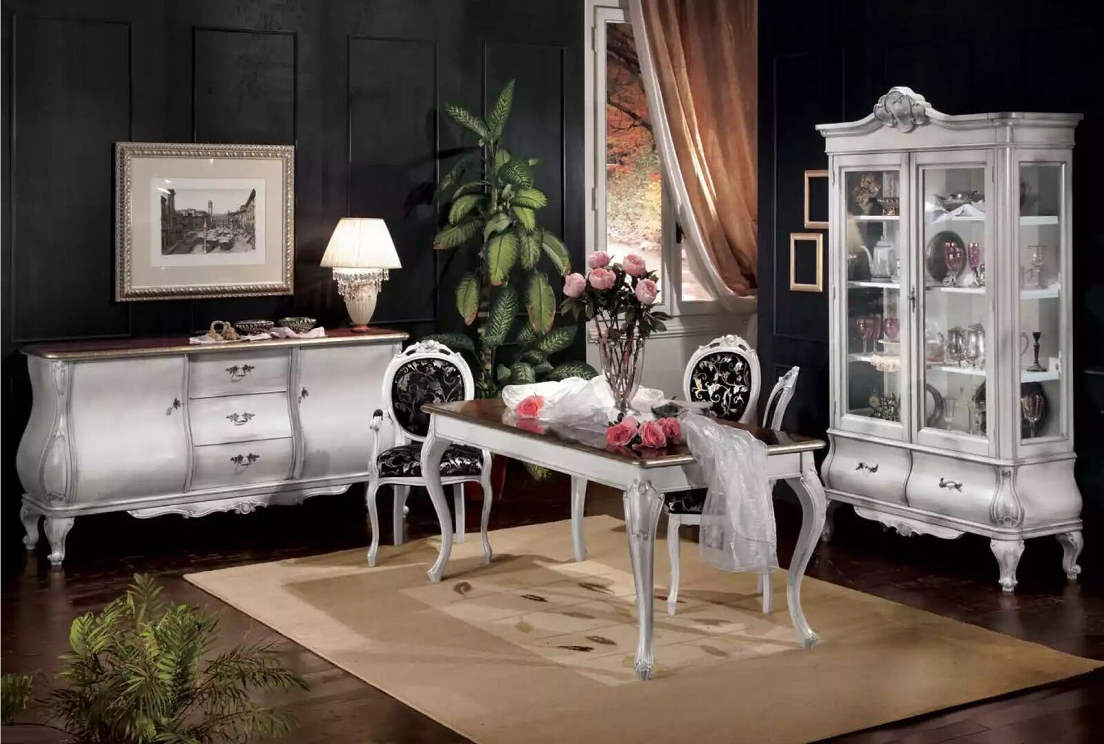 JVmoebel Esszimmer-Set Klassische Esszimmer Möbel Esstisch 4x Stühle Sideboard Vitrine, (7-St., Nur Esstisch + 4x Stuhle + Sideboard + Vitrine), Made in Italy
