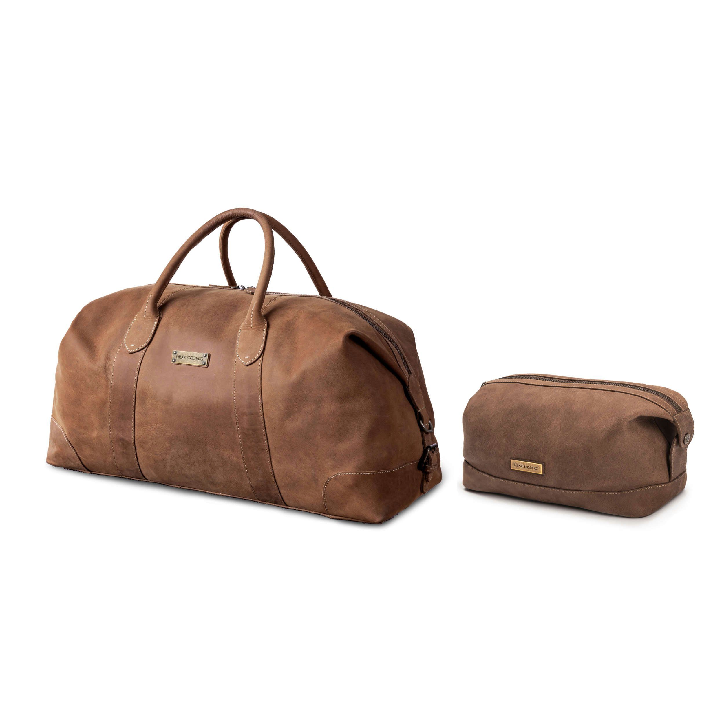 DRAKENSBERG Reisetasche Weekender David & Kulturbeutel Ben Havanna-Braun, handgemacht aus hochwertigen Büffelleder, für Damen und Herren