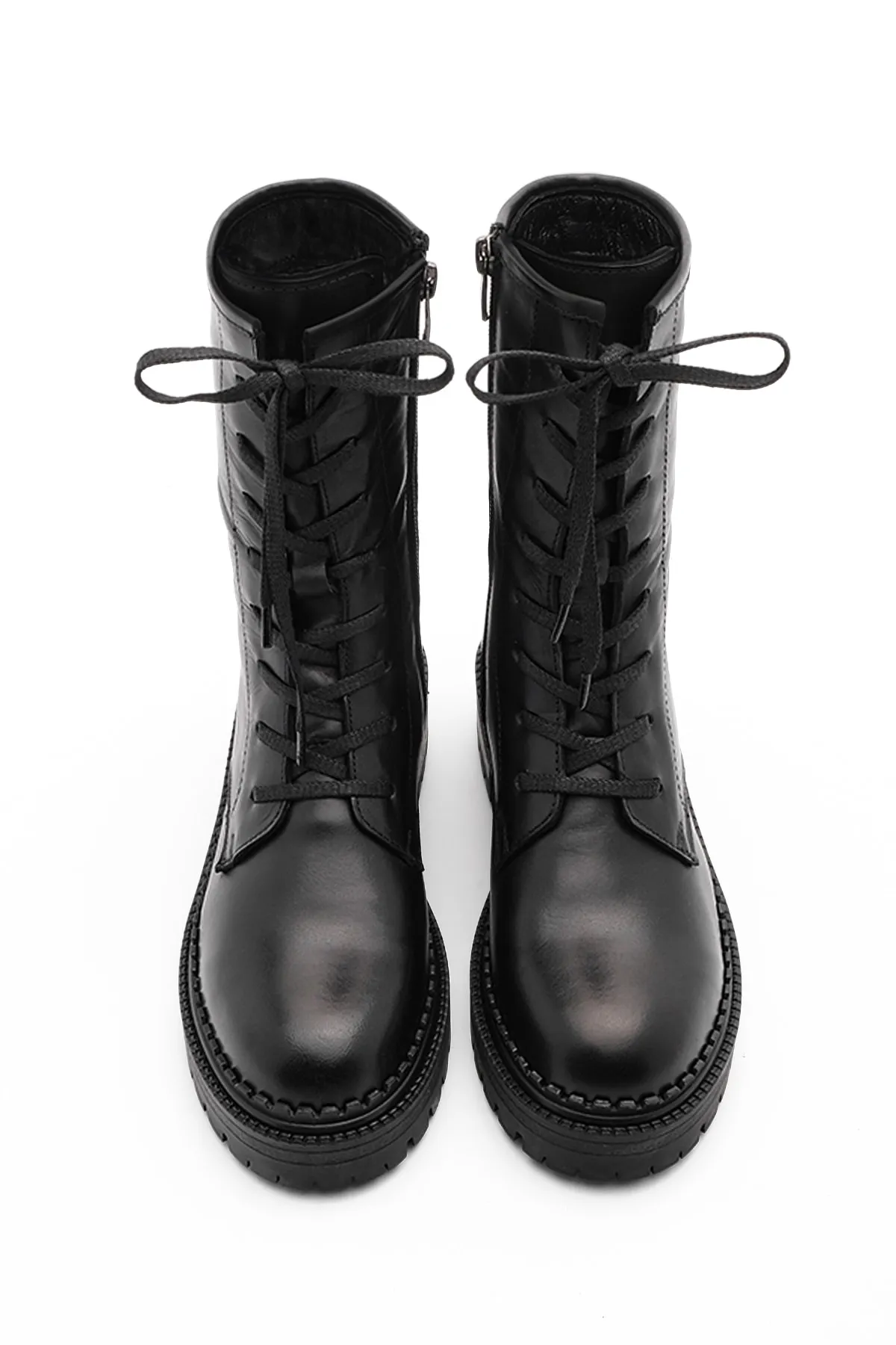 Marjin  Damen-Stiefel aus echtem Leder mit Reißverschluss, Schnürung, gezackte Sohle, Freizeitstiefel Kariva Schwarz