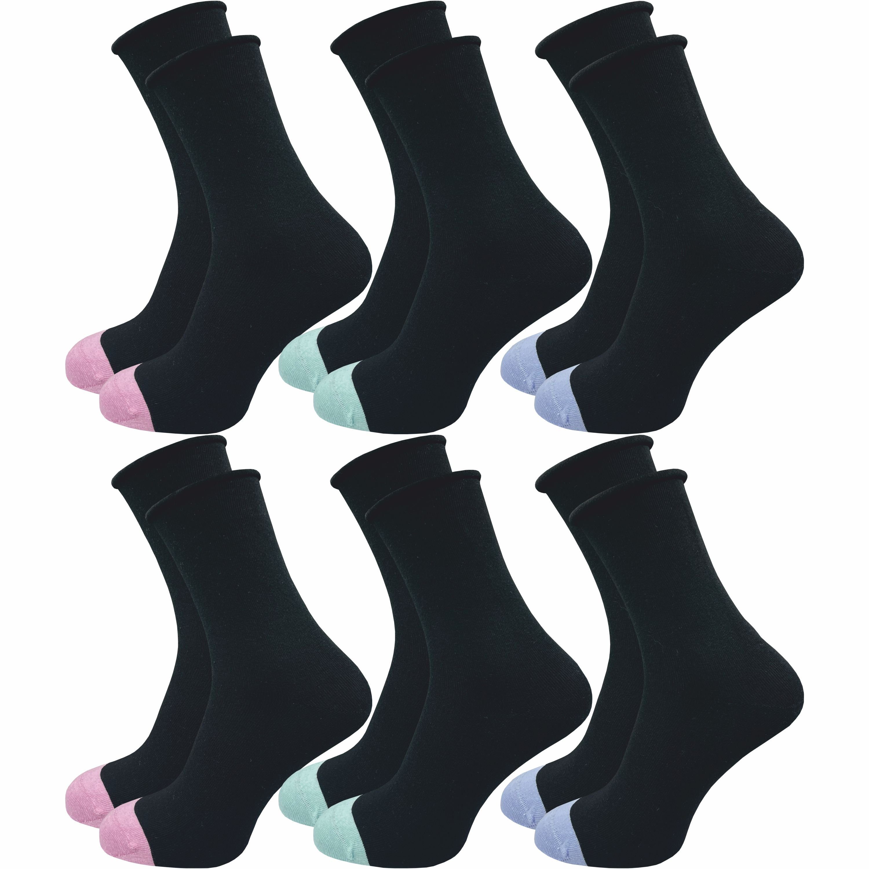 GAWILO Diabetikersocken für Damen mit Rollrand - Ohne drückende Naht & ohne Gummidruck (6 Paar) Venensocken aus atmungsaktiver Baumwolle - in schwarz & bunt