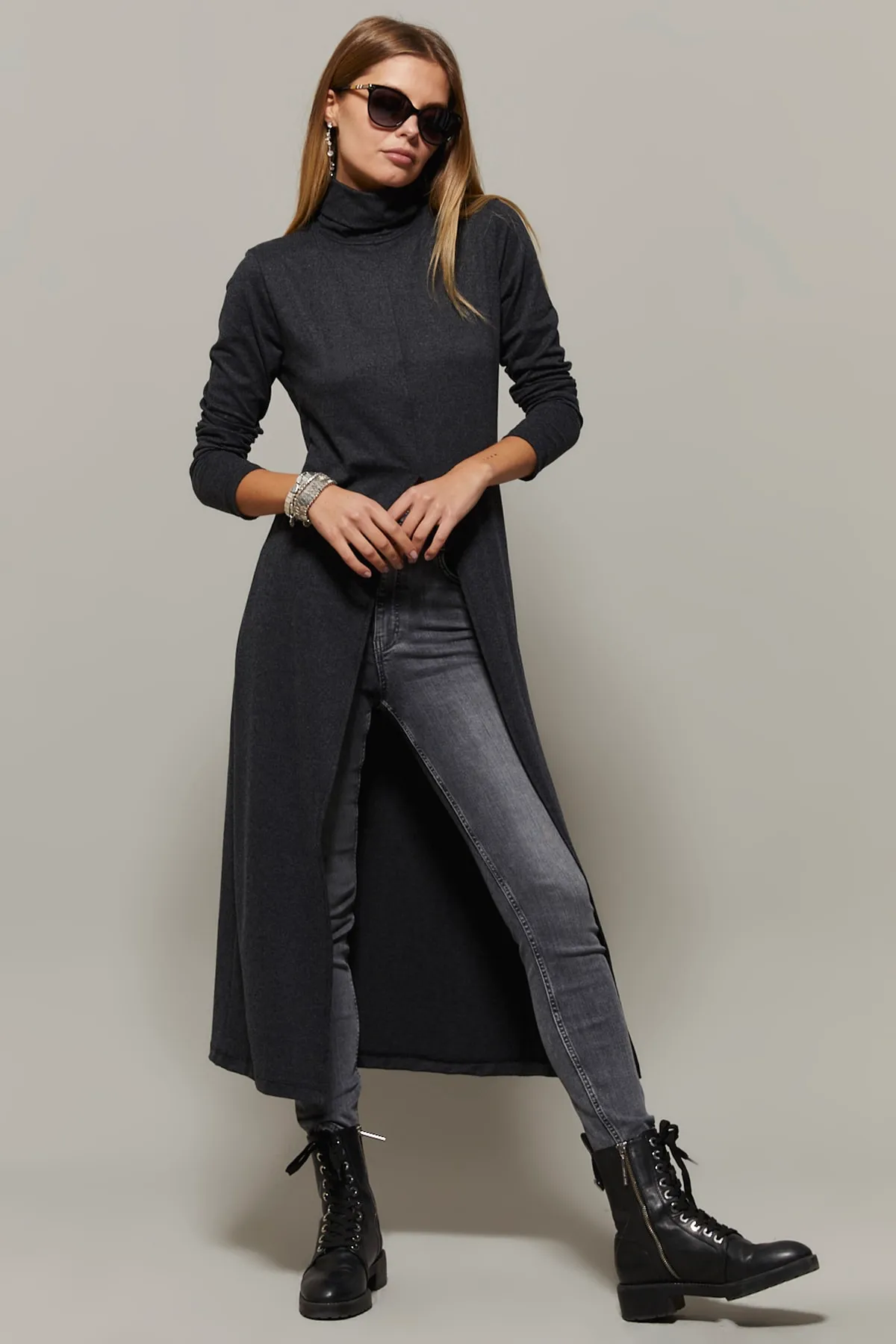 Cool & Sexy  Anthrazitfarbene Rollkragen-Tunika mit langem Schlitz für Damen EY1150