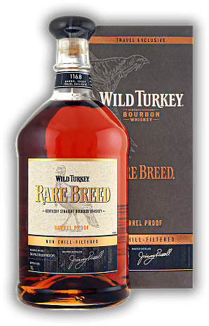 Wild Turkey Rare Breed Barrel proof 58,4% 1,0 Liter Wild Turkey Rare Breed Barrel proof 58,4% 1,0 Liter Eine außerordentlich beliebte und reichhaltige Vermählung aus 6, 8 und 12 Jahre altem Bourbon mit unverwechselbarer Aromenvielfalt. 1	 Liter - Vol