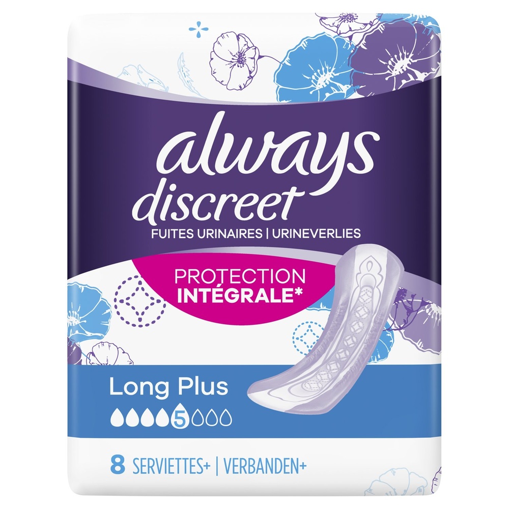 always Always Discreet Long+ Pour Fuites Urinaires x8 Serviettes Hygiéniques Pour Fuites Urinaires