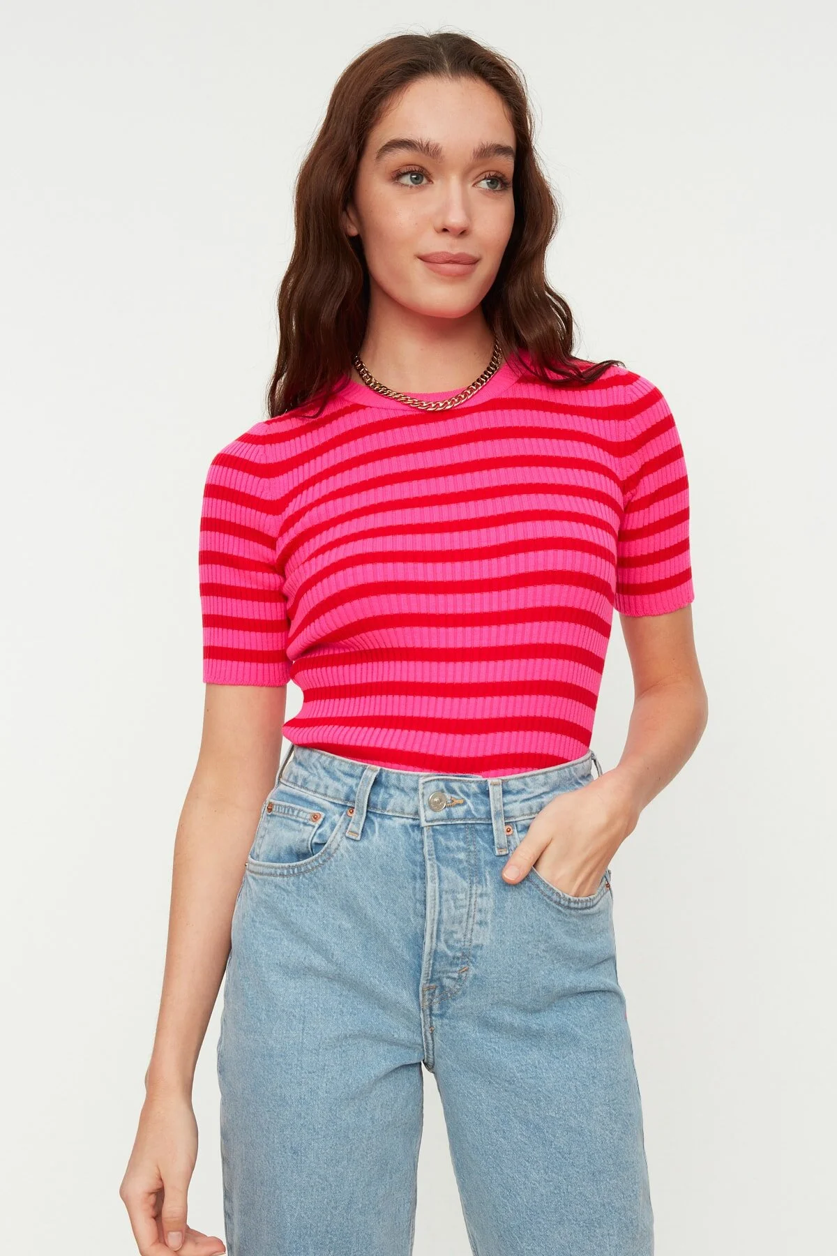 Trendyol Collection  Fuchsia Basic Gestreifter Strickpullover TWOSS20KZ0075