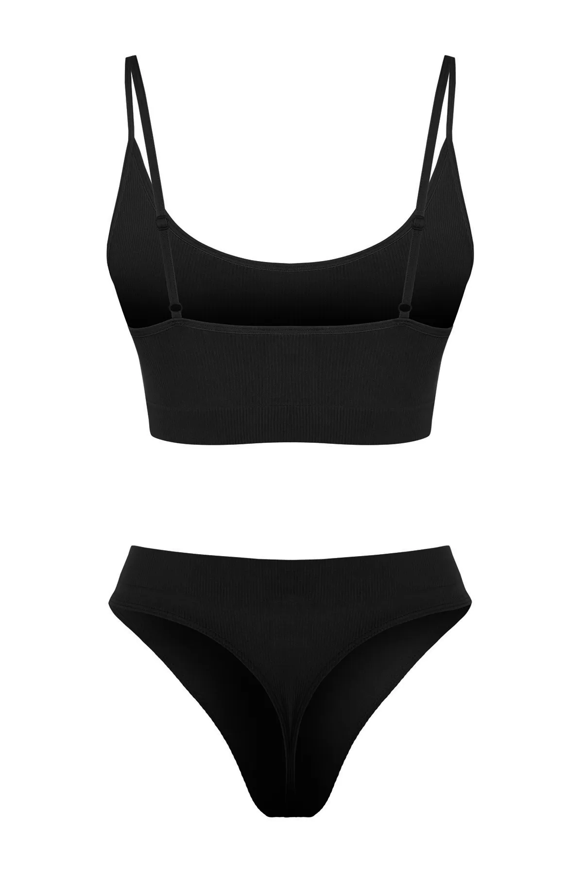 Trendyol Collection  Schwarzes nahtloses/nahtloses Unterwäscheset aus Strick mit Seilriemen und Kappe THMSS24CC00033