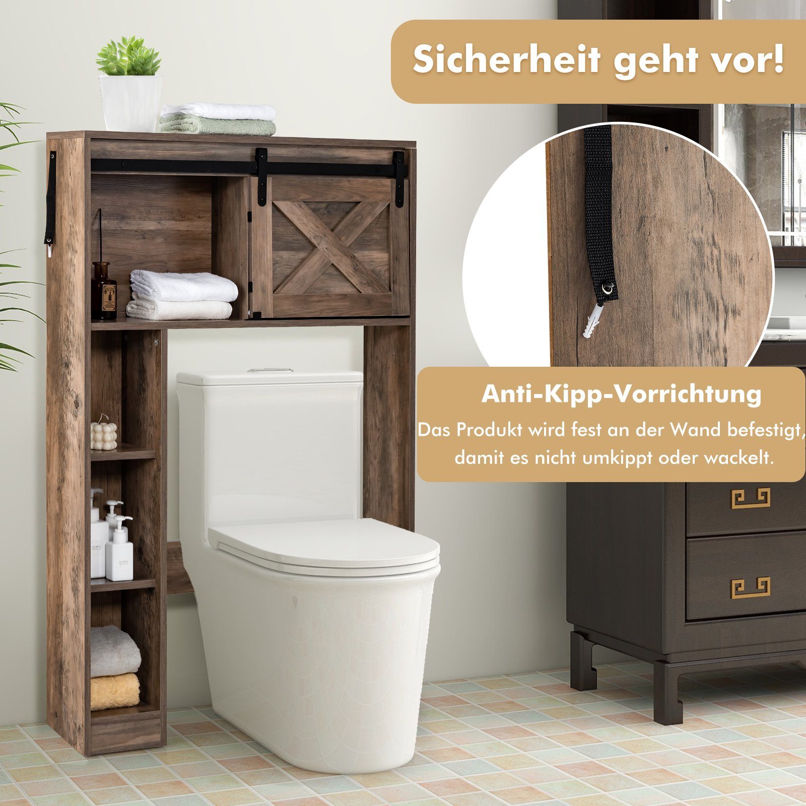 COSTWAY Waschmaschinenumbauschrank Badregal aus Holz, mit Schiebetür