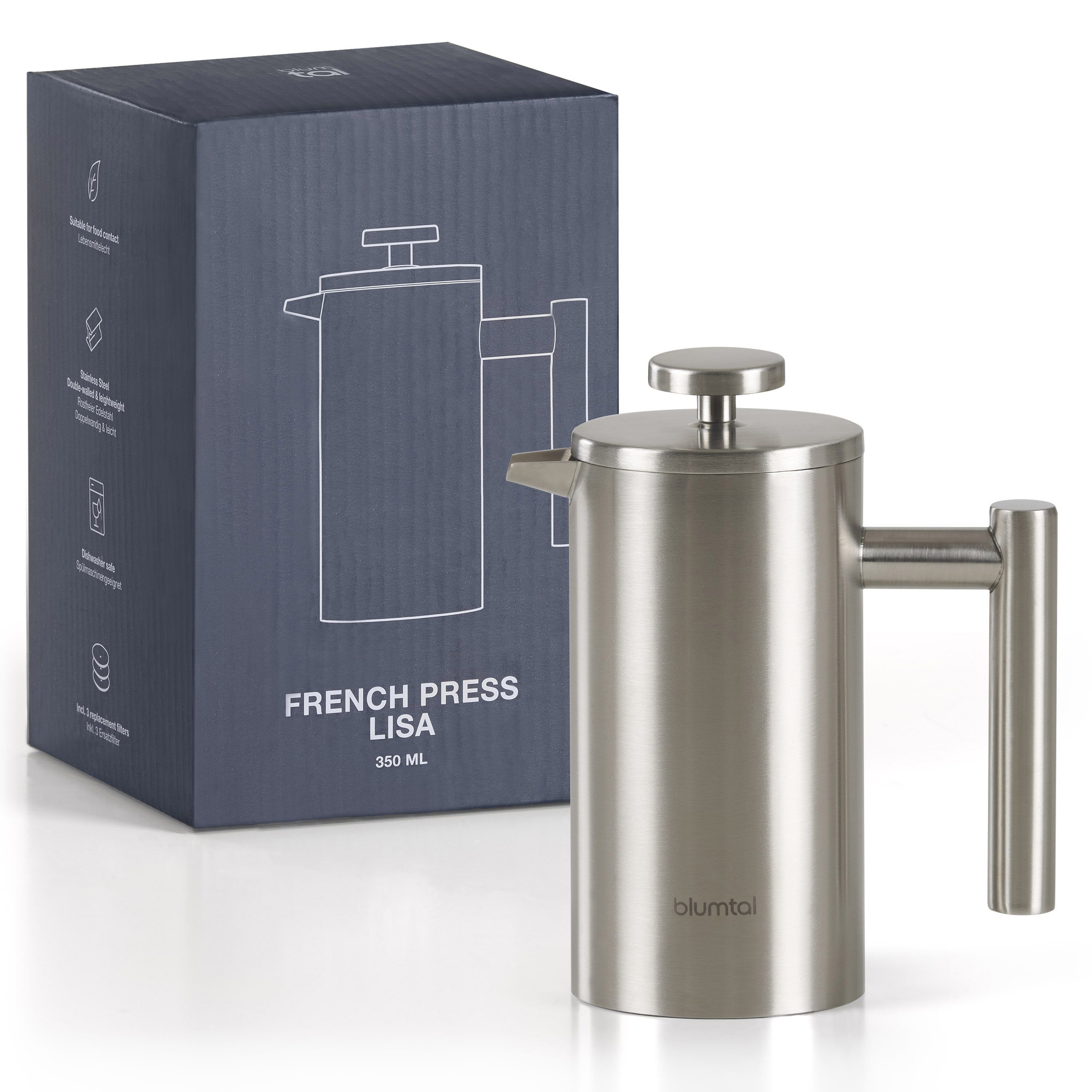 Blumtal French Press Kanne French Press aus Edelstahl Lisa - Kaffeepresse, 350l Kaffeekanne, Kaffeebereiter doppelwandig, in verschiedenen Größen verfügbar