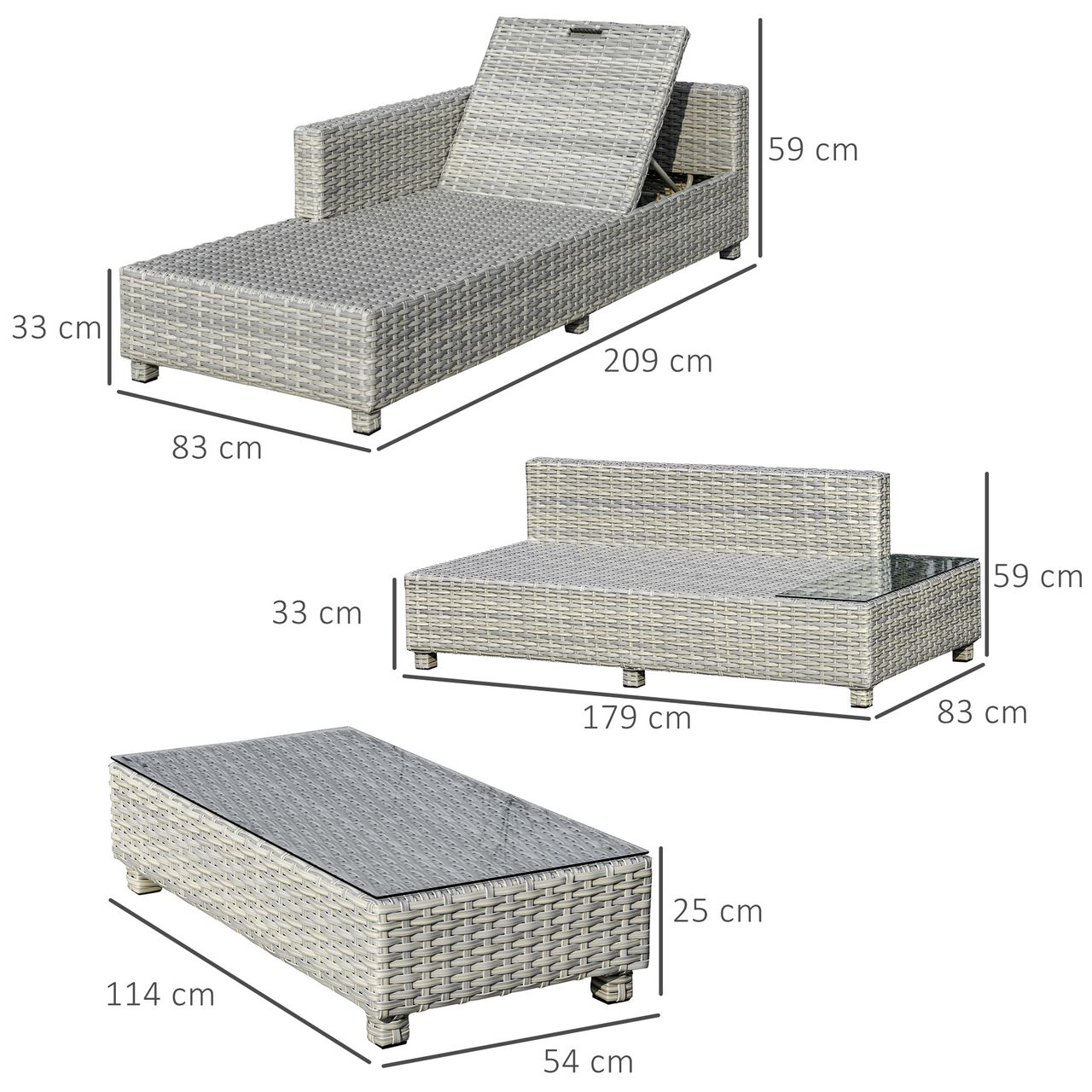 Outsunny 3-tlg. Polyrattan Gartenmöbel Set Gartengarnitur mit Beistelltisch
