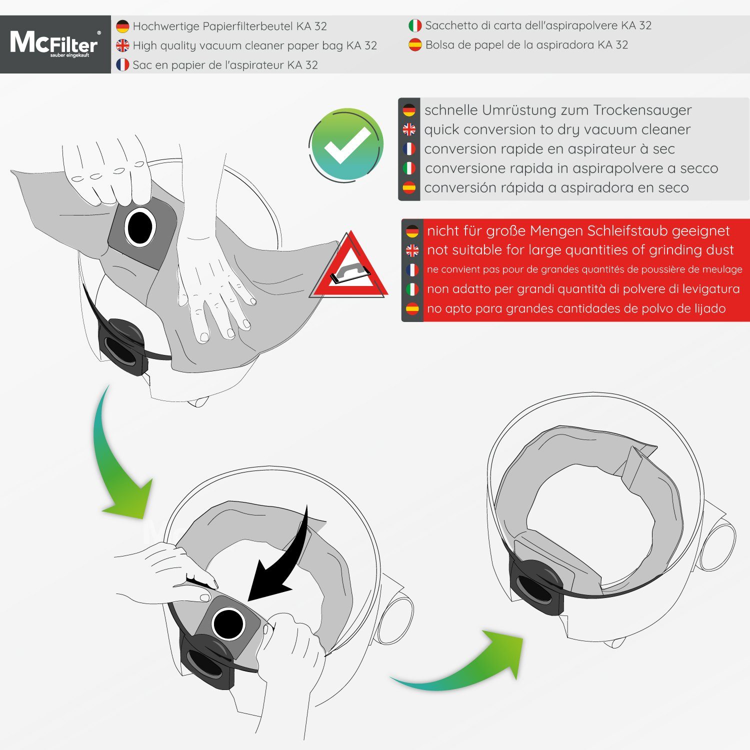 McFilter Staubsaugerbeutel (10 Stück) geeignet für Kärcher 6.959-130.0, passend für Kärcher Nass-Trockensauger WD3 WD 3 und MV3 MV 3 Staubsauger, Gummidichtring, hohe Reißfestigkeit, ungeeignet für Fein - und Schleifstaub, 10 St., Filterpapier, 3-lag
