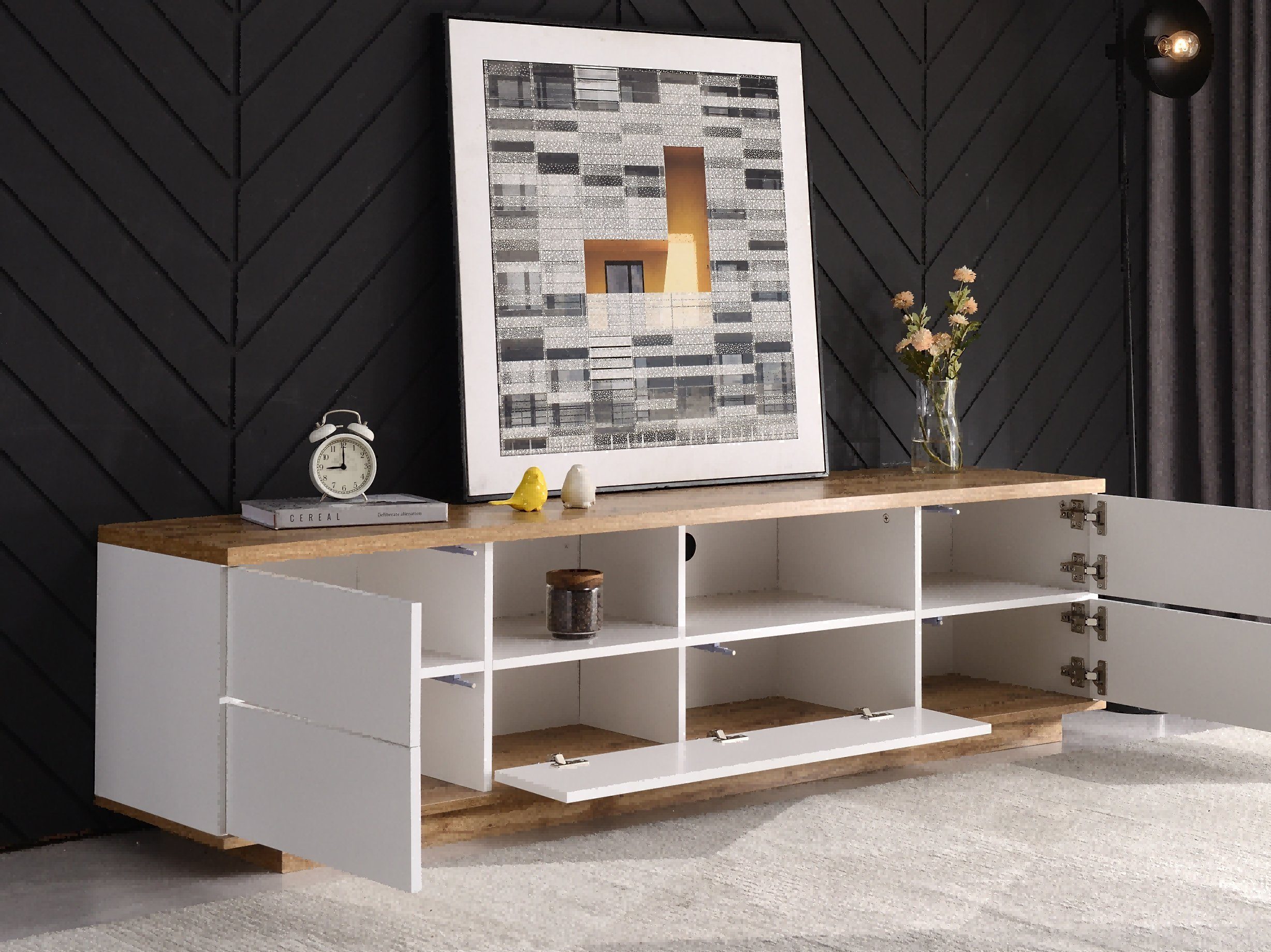 Merax Lowboard mit 5 Türen, Wildeiche TV Schrank, Fernsehtisch TV Board, Vintage Industrial, Breite 180cm
