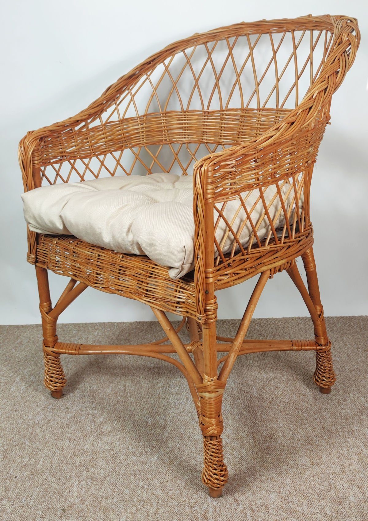 Rattani Rattanstuhl Korbstuhl, Korbsessel Weide, Model Björn, inkl. Polster beige